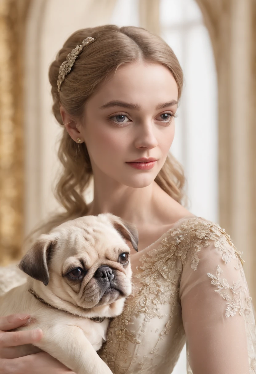 (best quality,4k,highres,masterpiece:1.2),realistic,photorealistic:1.37,a girl from the final 18th-century France,Josephine the Empress,with her pug,detailed facial features,beautiful detailed eyes,beautiful detailed lips,long eyelashes,golden hair,ornate crown,pearl earrings,elegant royal attire,gorgeous flowing dress,exquisite lace details,soft pastel color palette,lush garden backdrop,immaculate garden with blooming flowers and manicured hedges,vibrant greenery,pugs are highly realistic and adorable,shimmering sunlight casts a warm glow,royal elegance and grace,meticulously rendered textures,to create a masterpiece portrait of Josephine and her beloved pug