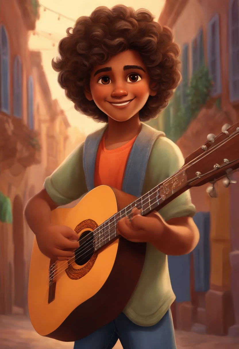 crie um banner no estilo Pixar. A boy with Indian features, moreno pardo com cabelos curtos, Castanhos escuros, Curly and slightly grayish appearance, mas jovem, usando uma camiseta, Wearing jeans and holding a classical guitar with 7 strings.