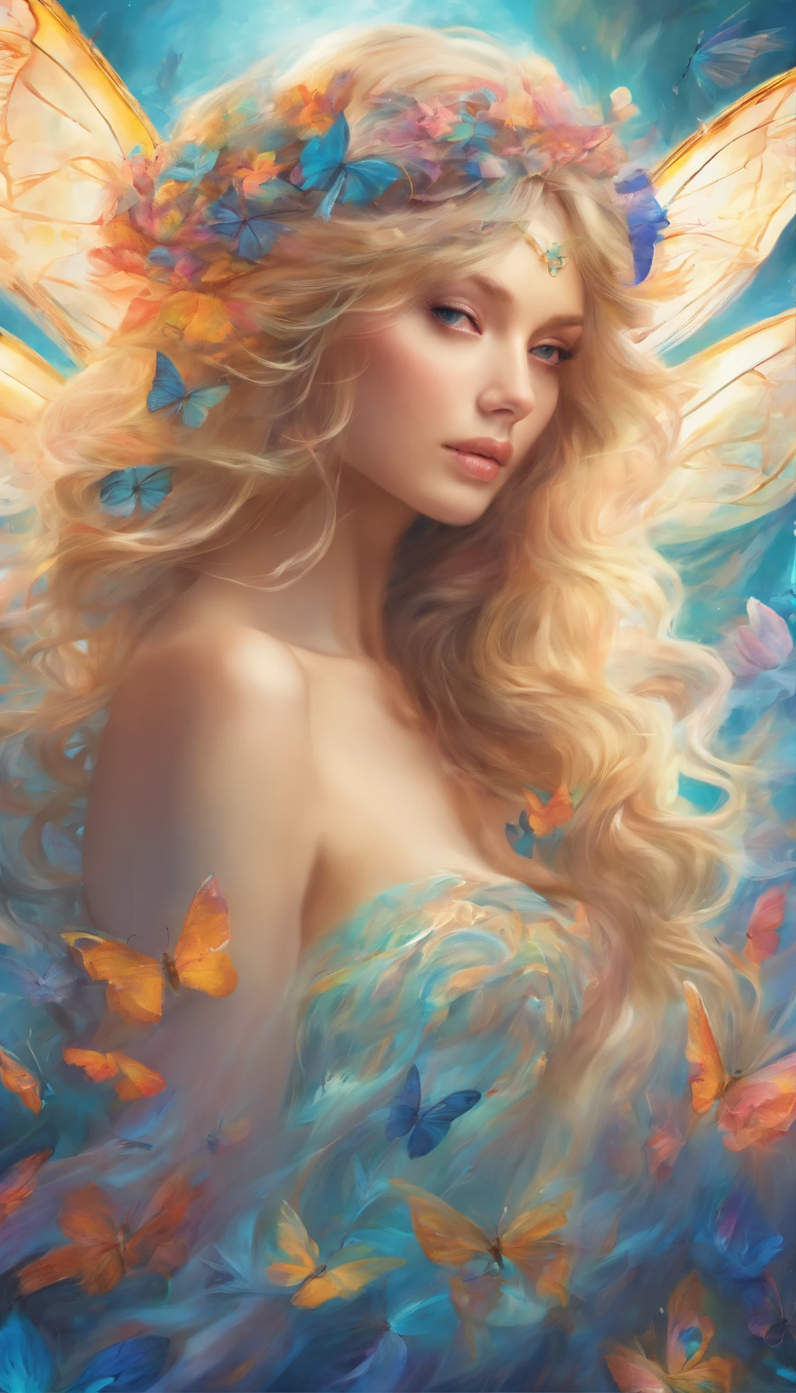 Full body shot, Beautiful girl, blond flowing hair, detailed eyes, detailed face, magical, leaves morph into butterflies, blue fog background, ultra detailed intricate, colorful splashes, 3D image effects, shy, ray tracing, from side, UHD, masterpiece, accurate, anatomically correct, textured skin, super detail, 16k, best quality