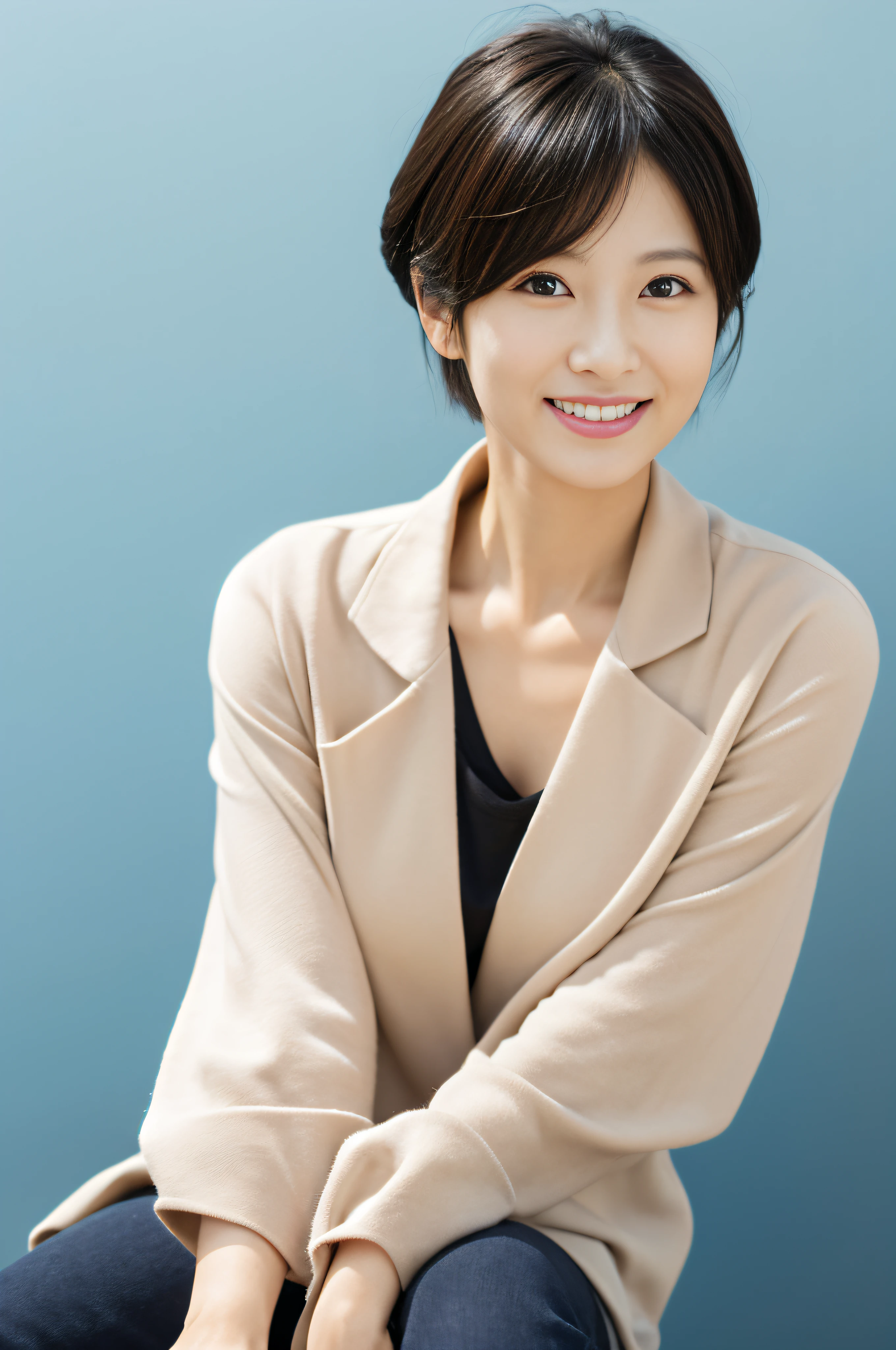 portlate、8K、hightquality、Realistic photo images、37 years old、A Japanese Lady、Neat and clean wife、small tits、house wife、Reproduce natural and realistic eyes、Japan Person Stand、Beautiful black hair、Shorthair、light make-up、octan render、beautiful  lighting、Composition of the golden ratio、a smile、everyday clothes、dressed casually、Natural background、blured background、high-level image quality、Pure Japan human features、Lovely wife、The upper part of the body、Light makeup、Suppin、Neat and clean beauty、Sober clothing、greys、beige、bloo、plain、Casual attire、A slight smil、Small black eyes、Background bokeh