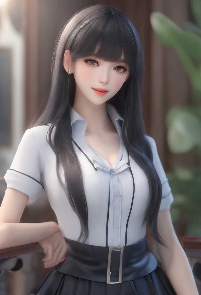 alta qualidade, 4k, no quadro, Close Up retrato da mulher do cabelo preto na camisa branca e saia azul clara, photorealistic anime girl rendering, bonito 3d anime render , April Rendering, anime vtuber modelo de corpo inteiro, Xianxia de corpo inteiro, modelo live2d youtuber virtual, arte cg anime suave, Retrato realista corpo inteiro estilo anime 3D realista, fotorrealista de corpo inteiro