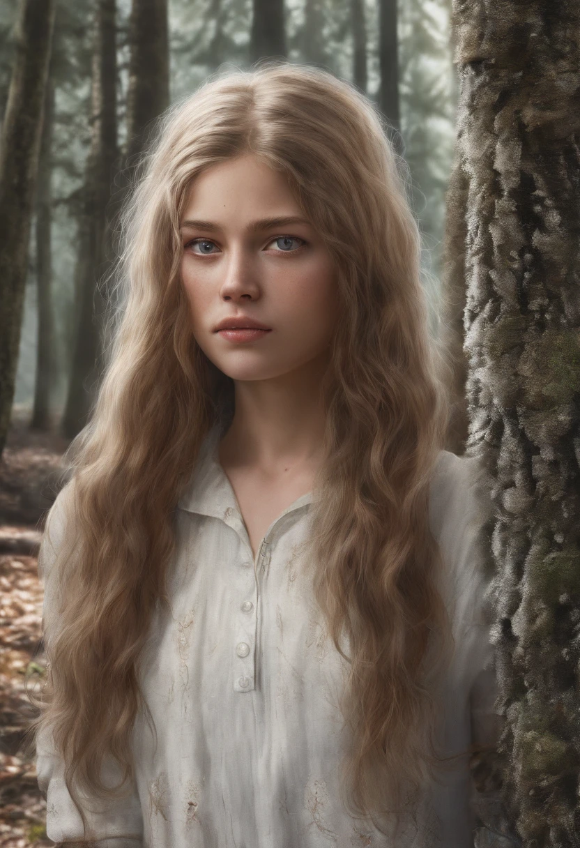a white man with brown hair pulls the white hair of a young 18 year old woman with white skin in the black forest