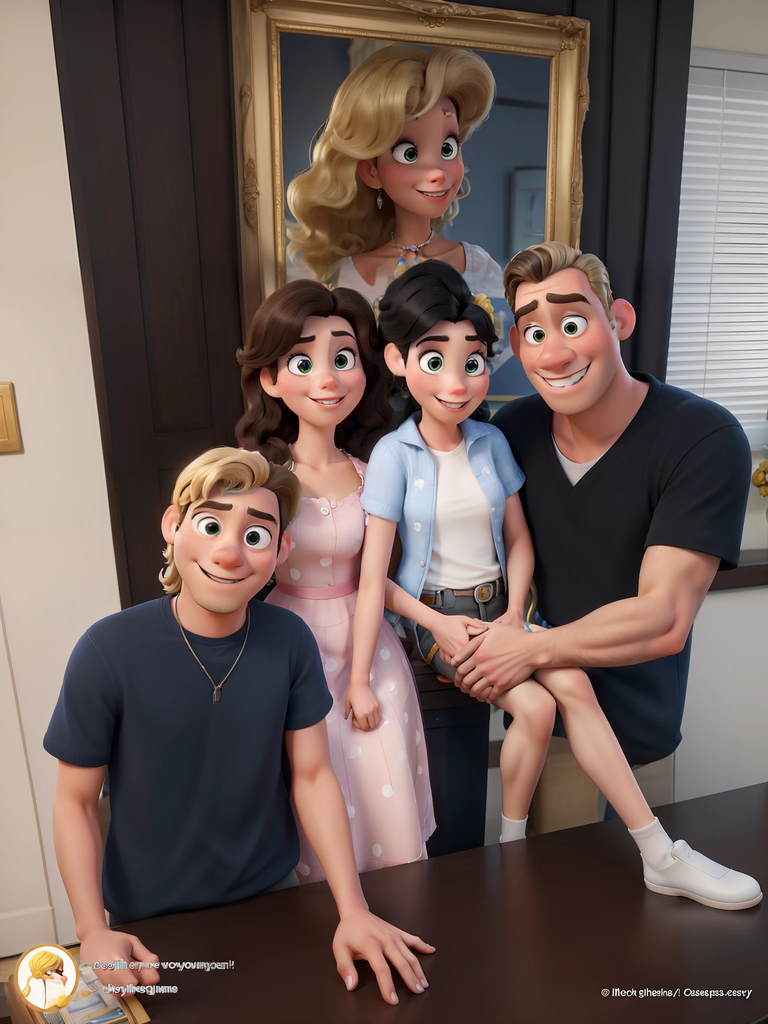 Obra-prima ao estilo Disney/Pixar in high quality and high resolution. The woman in the front is blonde and the man has black hair.