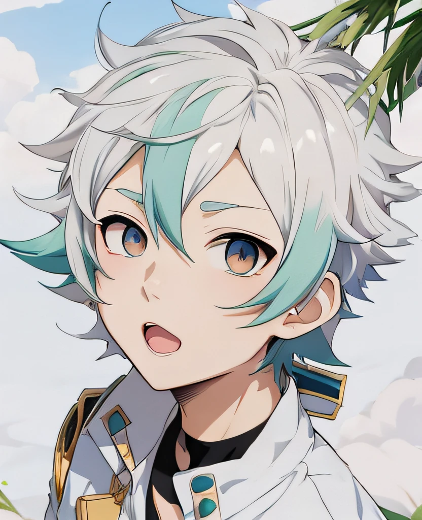 anime style boy, with short white hair,eyes half closed , Mouth closed,Surrounded by clear blue skies, Capture feelings of joy and adventure,, Soft Shading, energetic and vibrant atmosphere.