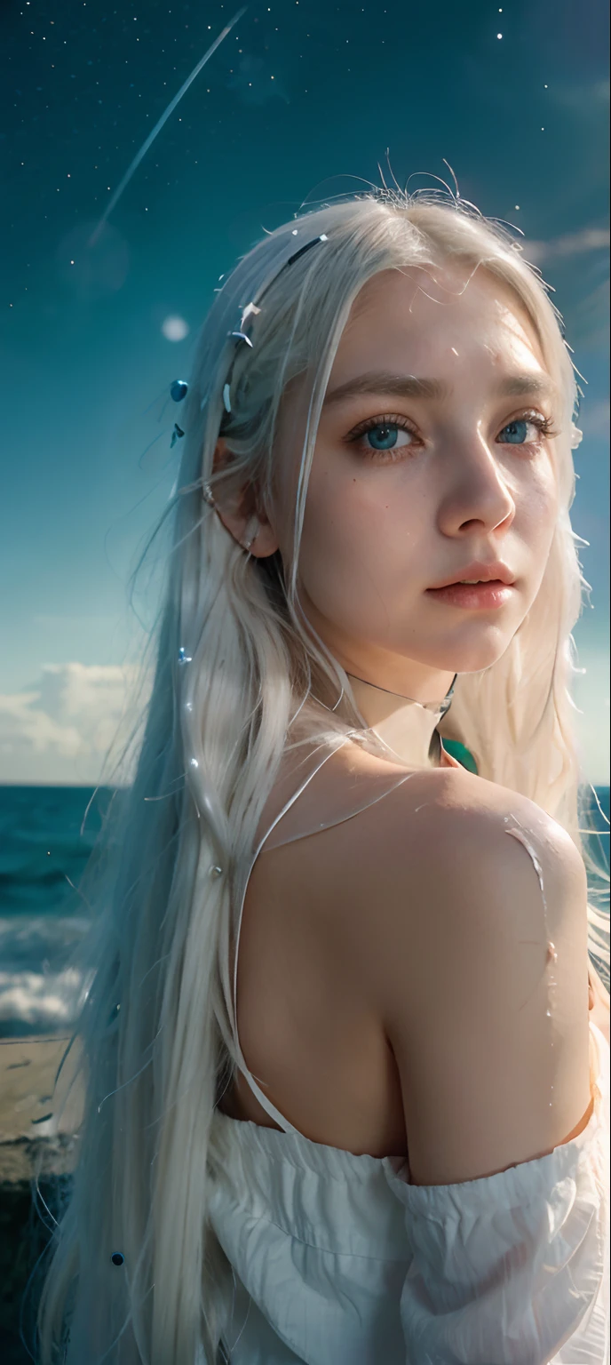 Realistic girl, frightened face, Long white hair, White Throws, white eyelashes, green colored eyes, scar on the cheek, pendant around the neck, wearing white shirt, Clear starry sky, The sea, Girl side view, Shoulder-length girl view, A magical light flies around her.