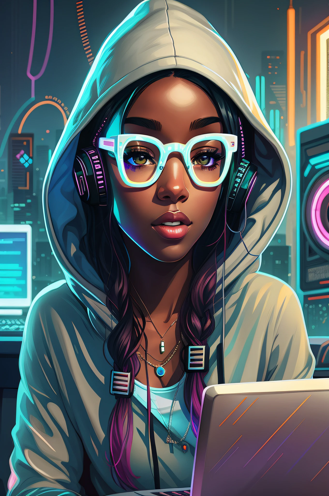 There's a woman with glasses and a hoodie sitting in front of a laptop, background artwork, epic portrait illustration, epic digital art illustration, Beeple et Jeremiah Ketner, Portrait de fille Glowwave, Rossdraw | Afrofuturisme, stunning digital illustration, Alena Aenami et Android Jones, cyberpunk anime girl in hoodie, Portrait de Lofi, stylized urban fantasy artwork