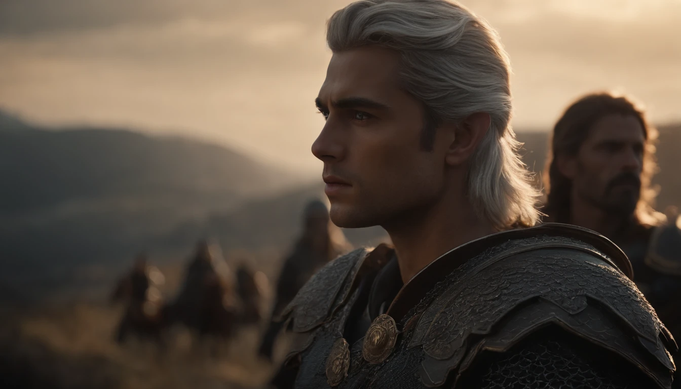A handsome young male character with medium silver hair looking at the kingdom, ele tem uma espada, He stands next to a young blonde-haired warrior, Behind them is also a strong adult warrior with brown hair, Dark setting, ultra-realistic, Estilo de desenho Guweiz, Landscape, 8k, inverno, Dramatic Particles, melhor qualidade,4k,8k,alto,master part:1.2,ultra-detalhado,Realistic:1.37, fiery particles.