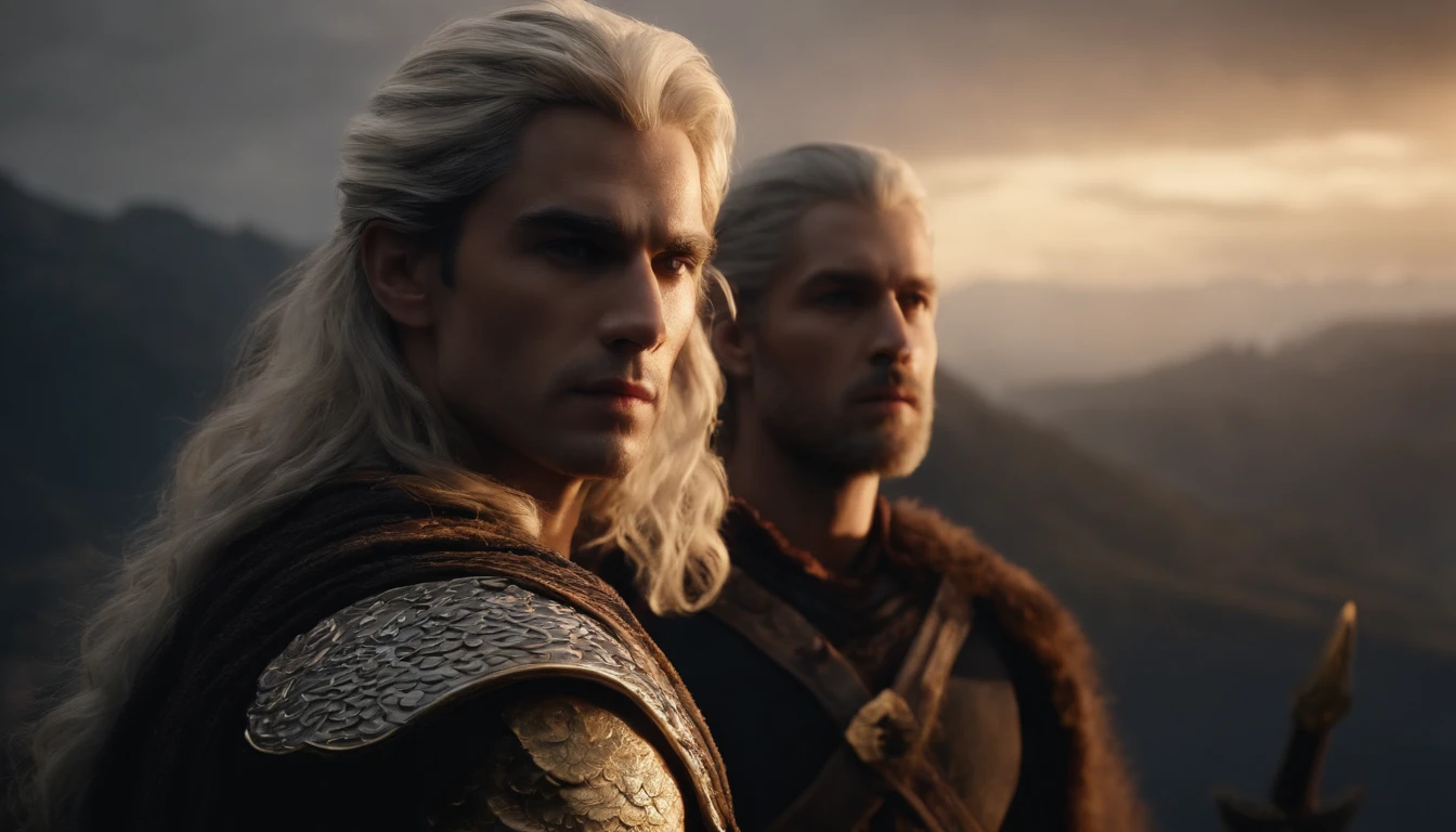 A handsome young male character with medium silver hair looking at the kingdom, ele tem uma espada, He stands next to a young blonde-haired warrior, Behind them is also a strong adult warrior with brown hair, Dark setting, ultra-realistic, Estilo de desenho Guweiz, Landscape, 8k, inverno, Dramatic Particles, melhor qualidade,4k,8k,alto,master part:1.2,ultra-detalhado,Realistic:1.37, fiery particles.