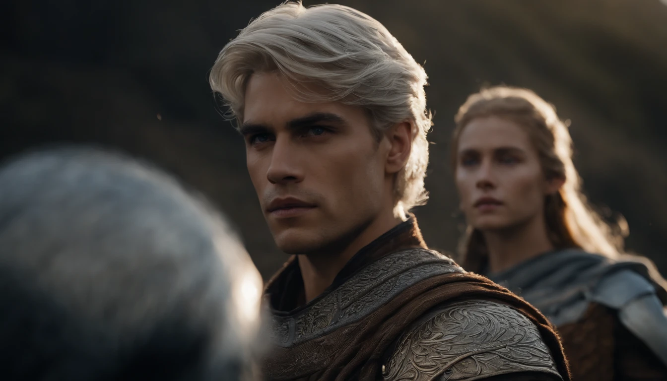 A handsome young male character with medium silver hair looking at the kingdom, ele tem uma espada, He stands next to a young blonde-haired warrior, Behind them is also a strong adult warrior with brown hair, Dark setting, ultra-realistic, Estilo de desenho Guweiz, Landscape, 8k, inverno, Dramatic Particles, melhor qualidade,4k,8k,alto,master part:1.2,ultra-detalhado,Realistic:1.37, fiery particles.