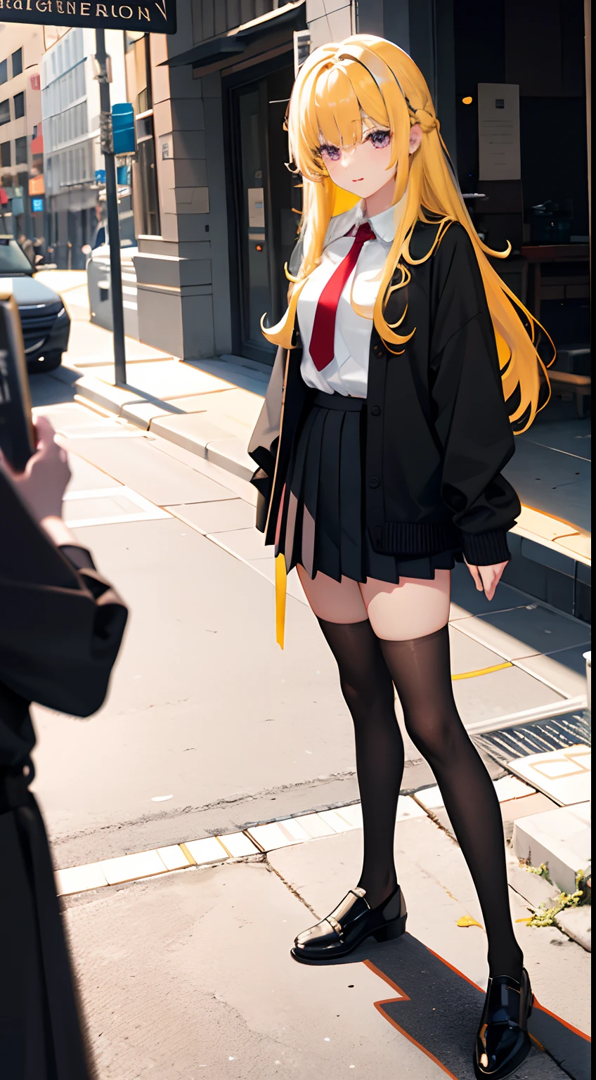 one-girl，s girl，Junior high school student body type，gentleness，Yellow hair，hair between eye，long whitr hair，dishiveredhair，Purple eye，Beautiful eyes，slender figures，Thin，ssmile，sister，Beautiful graphics，Beautifully portrayed，A masterpiece，Movie lighting，Best picture quality，Best shadow，Best light，8K，Light brown cardigan，a black pleated skirt，White color blouse，Red silk tie，Black over-the-knee stockings，