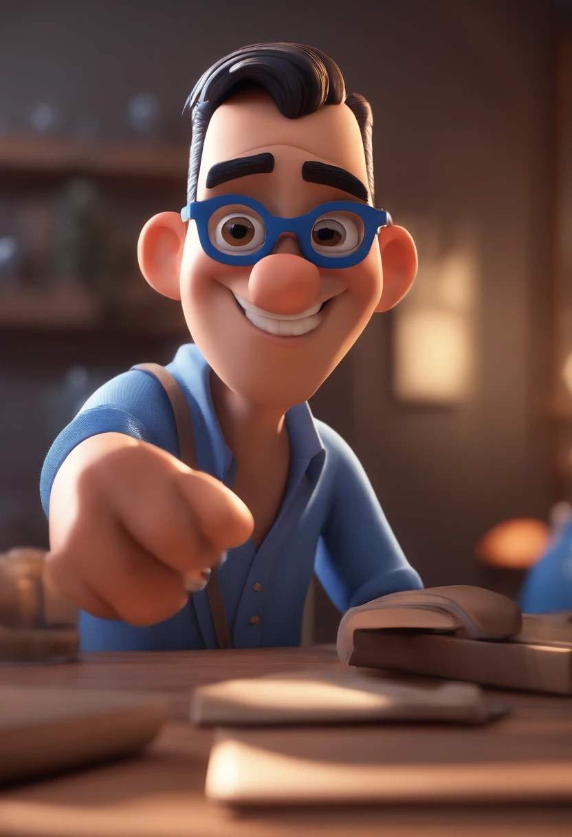 Cartoon character of a man with black glasses and a blue shirt, animation character, Caractere estilizado, animation style rendering, 3D estilizado, Arnold Maya render, 3 d render stylized, toon render keyshot, Personagem 3D, Personagem 3D, 3d rendering stylized, 3 d character render, personagem de desenho animado, Personagem de close up, Pose de personagem,  (Estilo Pixar) (master part:1.2) (Bokeh) (best quality) (pele detalhada) (textura detalhada) (8k) (argila) (Cinematic lighting) (foco nítido