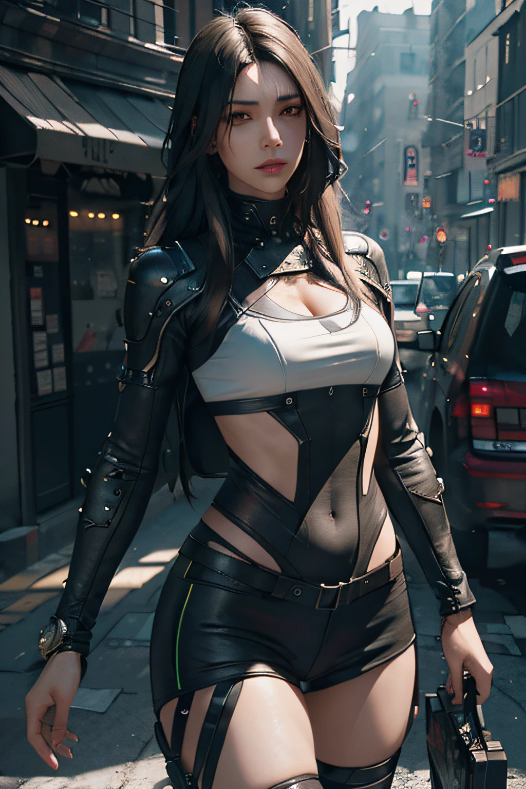 master part, melhor qualidade, ((provocante)) Vladislava Galagan, bodybuilder, brunette hair, blue eyes, garota cyberpunk, Armadura corporal cyberpunk branco inspirado em Harajuku, sexy white stylized lingerie, holding a big stylized pen like a modern gun, bold colors and patterns, Attractive accessories, penteado moderno e inovador, deslumbrante paisagem urbana de Cyberpunk, highrise, bright neon signs, luzes led, anime illustration, Textura detalhada da pele, textura de pano detalhada, Rosto bonito e detalhado, detalhes intrincados, ultra detalhado, Cinematic lighting, Contraste forte.