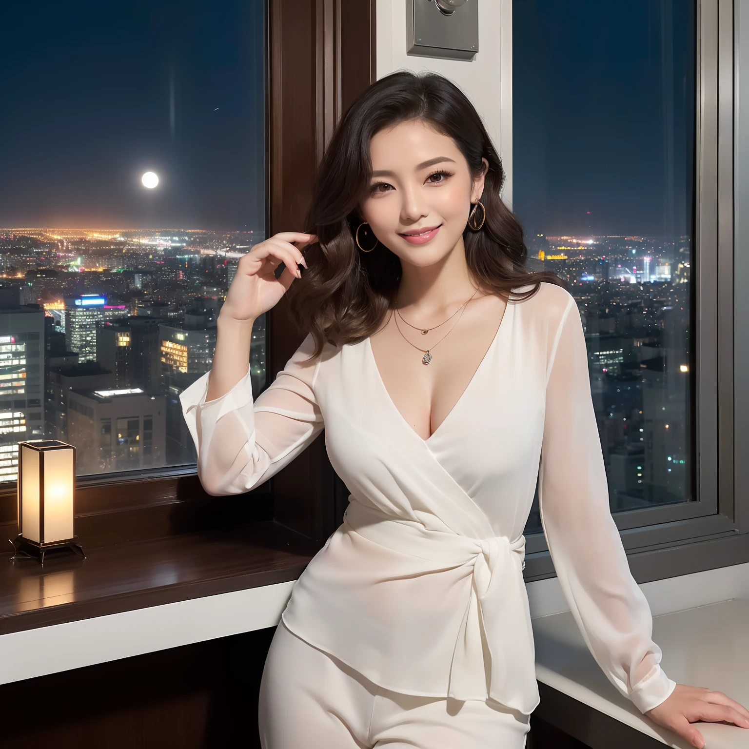 ((1人の女性,Beauty Secretary: 1,25-years old,Classy long-sleeved blouse,Classy pants,a necklace,Wave Shorthair,Beautiful wavy shorthair,Big smile,looking happy smile,Room in a tower apartment on the 40th floor,One huge window in the background,Huge windows,nighttime scene,Complex night scene,From the window, You can enjoy the view from the 40th floor,Faces close,Beautiful night view in the background,Midnight,Panoramic night view,Midnight view,Midnight,Looking at the camera,Shot from the waist up)),((Perfect makeup,Glossy lips,The most beautiful faces in Japan,long eyelashes,adultlike face,Adult beauties,smil,Beautiful lips,Perfect glossy lips,Faces close,Staring at this,Breasts are big)),((The best lighting for epic movies,super-fine,beautiful hairl,Detailed rooms in luxury apartments,Romantic night view,Complex night scene,Detailed night view,,super-fine,beautiful hairl,The most beautiful faces in Japan,View here,Perfect fingers,face perfect,细致背景,Fair skin,Crystal clear white skin,Perfect fingers,细致背景,top-quality,The ultra -The high-definition,Perfect Anatomy,high-definition RAW color photography,professional photograpy, Very delicate, Extremely detailed,finely detail, Huge file size,Top image quality,8K,Award-Winning Works,masutepiece,Professional filming,a high chroma))