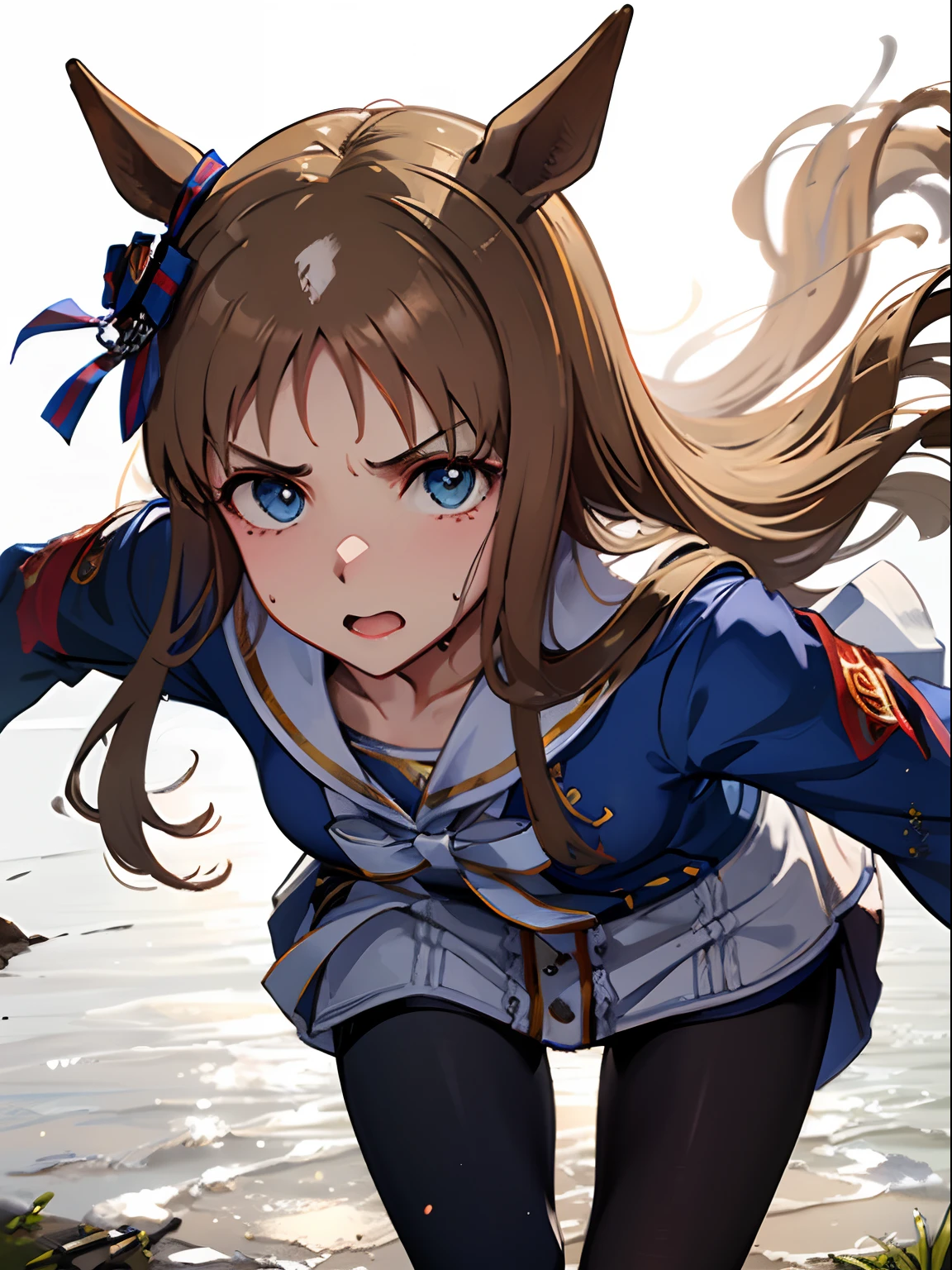 grass wonder \(Umamusume\), 1 girl, Solo, Best Quality, masutepiece, 8K, High resolution, Ultra-detailed, (((Front view:1.2, Looking at Viewer:1.2, Face Focus))), (((Running, dash, Sprint))), Blue jacket, White sailor color, Long sleeves, White skirt, Black pantyhose, Sweat, (((Muddy:1.2))), Cinematic shadows,