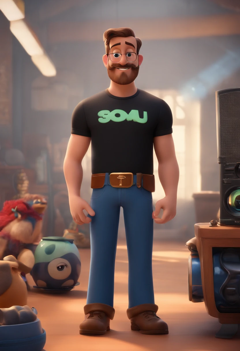 um homem, em breve, barba curta, olhos castanhos, com fones de ouvido, A music studio in the background, Imagem no estilo Pixar, Estilo de filme animado 3D, Disney, camiseta preta