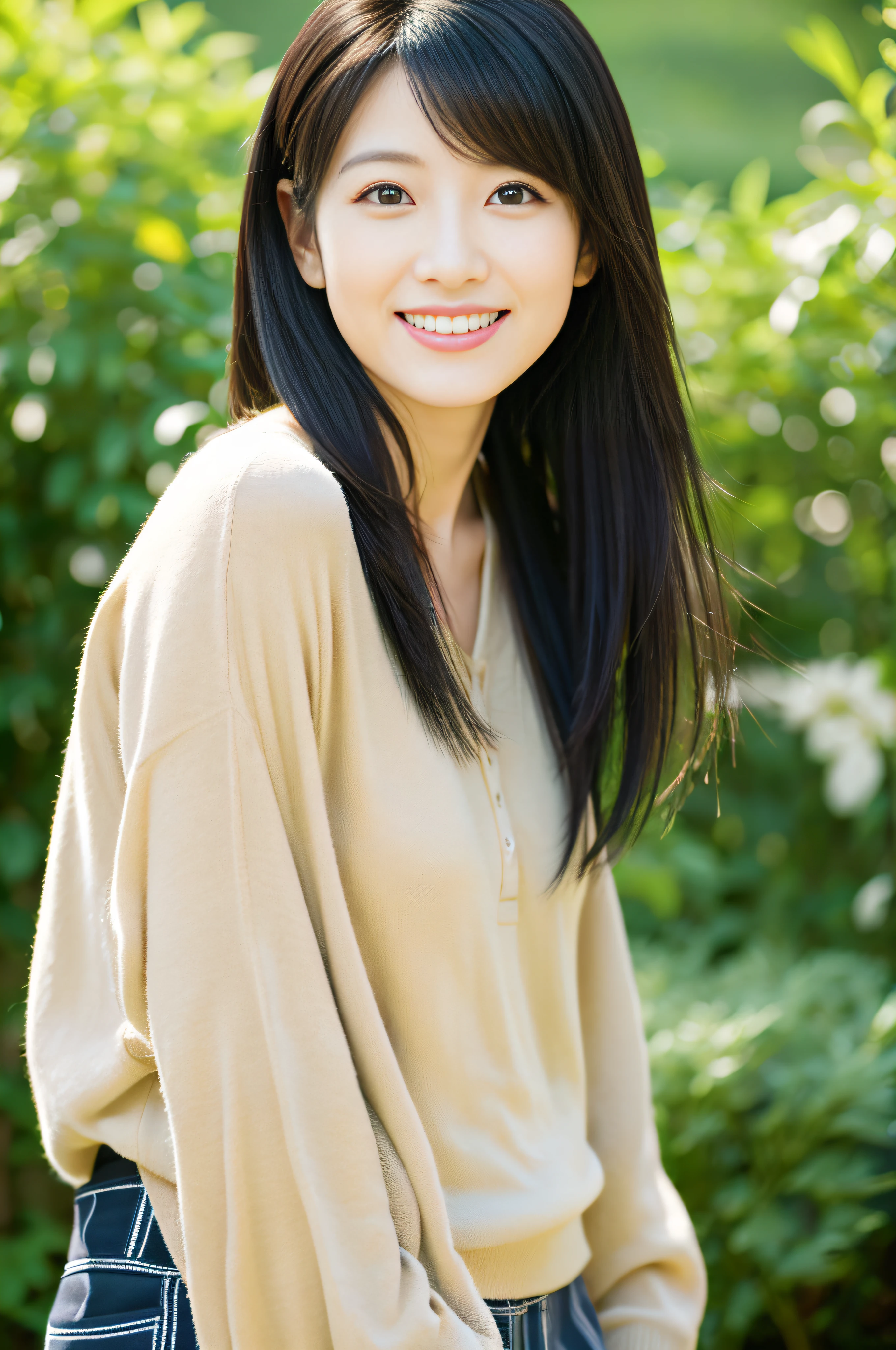 portlate、8K、hightquality、Realistic photo images、40 years、A Japanese Lady、Neat and clean wife、small tits、house wife、Reproduce natural and realistic eyes、Japan Person Stand、Beautiful black hair、Longhaire、light make-up、octan render、beautiful  lighting、Composition of the golden ratio、A smile、Everyday clothes、dressed casually、Natural green plant background、blured background、high-level image quality、Pure Japan human features、Lovely wife、The upper part of the body、Light makeup、Suppin、Neat and clean beauty、Sober clothing、greys、Beige、bloo、plain、Casual attire、A slight smil、Small black eyes、Background bokeh