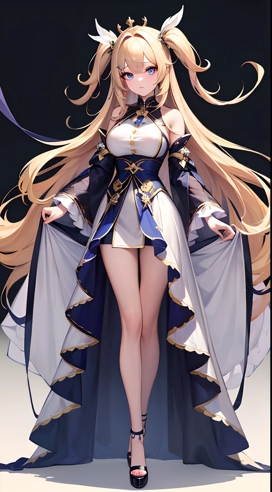 ((Best Quality)), (ultra-detailliert), ((Extremely detailed)), (Beautiful), ((Kawaii Girl)), ((UHD)), (masterpiece), (high quality), (best quality), (4K), (high quality), 1, solo girl, one girl, (hair long two side up), hair intakes, long hair, parted bangs, platinum blond hair, jade colored eyes, tsurime, large breasts, paint right up to the tip of the head,((transparent background)),(solo),standing,(wearing shoes on feet),((is wearing Idol Costumes)),good girl, beautiful detailed eyes,good looking,((an extremely delicate and beautiful)),make the eyes the same shape and color on both sides, anime style