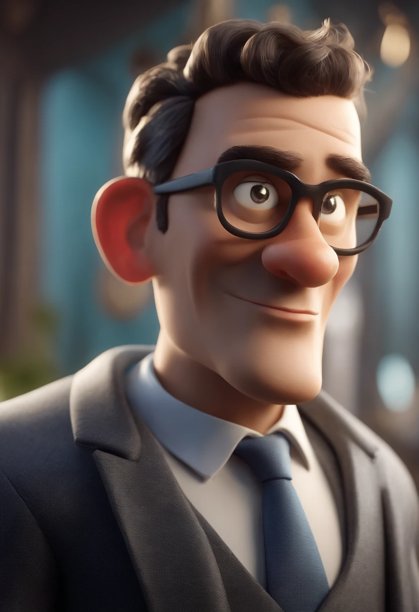 Cartoon character of a man with black glasses and a blue shirt, animation character, Caractere estilizado, animation style rendering, 3D estilizado, Arnold Maya render, 3 d render stylized, toon render keyshot, Personagem 3D, Personagem 3D, 3d rendering stylized, 3 d character render, personagem de desenho animado, Personagem de close up, Pose de personagem,  (Estilo Pixar) (master part:1.2) (Bokeh) (best quality) (pele detalhada) (textura detalhada) (8k) (argila) (Cinematic lighting) (foco nítido