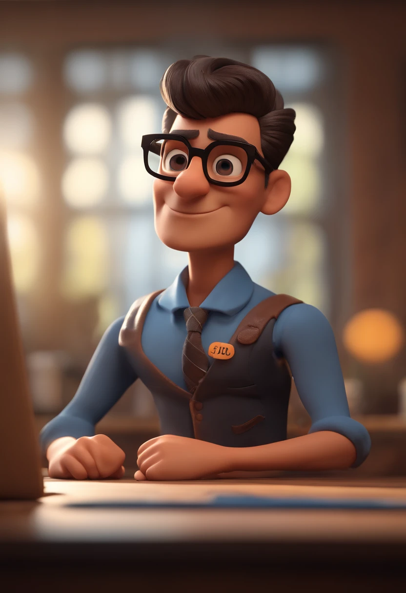 Cartoon character of a man with black glasses and a blue shirt, animation character, Caractere estilizado, animation style rendering, 3D estilizado, Arnold Maya render, 3 d render stylized, toon render keyshot, Personagem 3D, Personagem 3D, 3d rendering stylized, 3 d character render, personagem de desenho animado, Personagem de close up, Pose de personagem,  (Estilo Pixar) (master part:1.2) (Bokeh) (best quality) (pele detalhada) (textura detalhada) (8k) (argila) (Cinematic lighting) (foco nítido