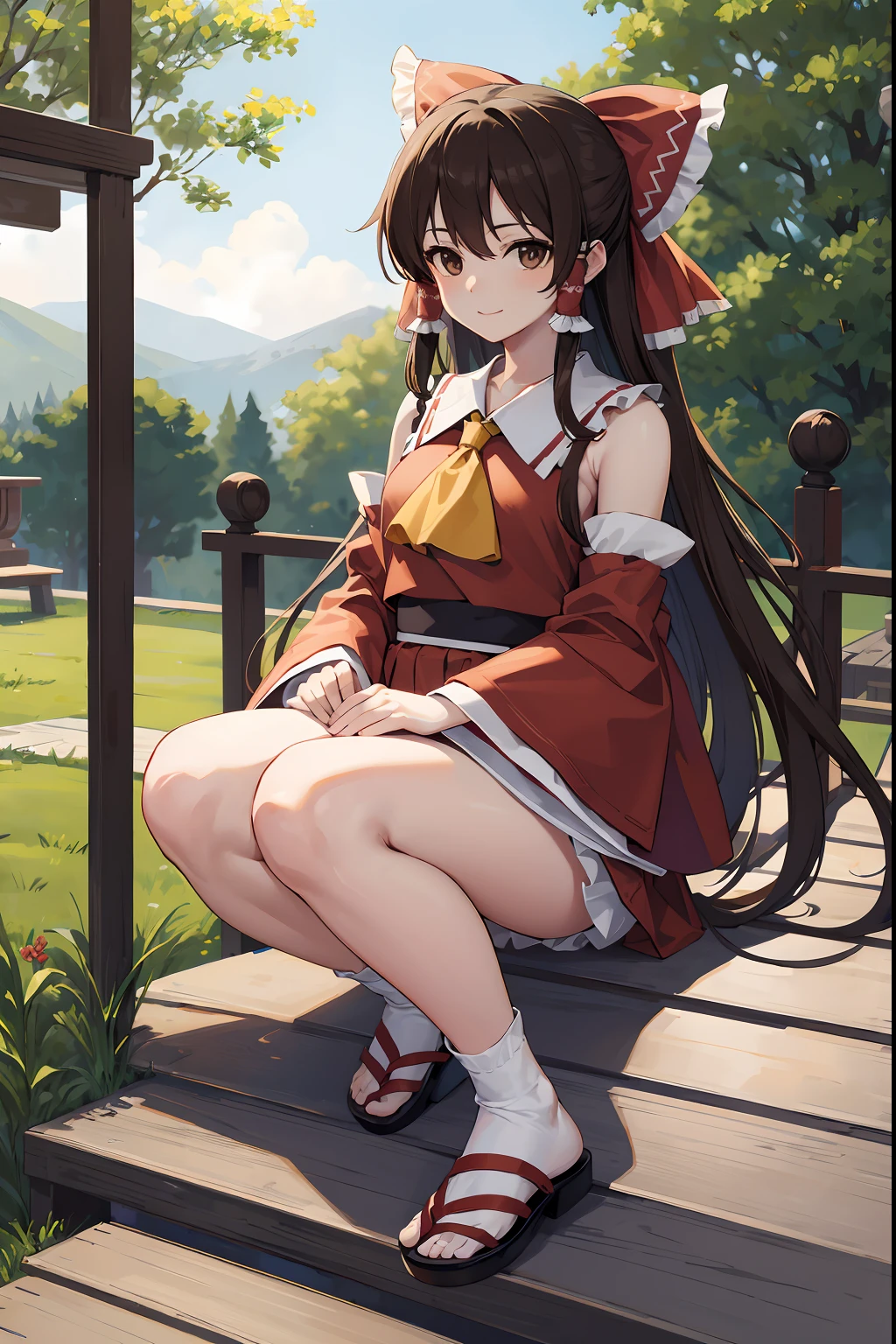 reimuhakurei, reimu hakurei, (brown eyes:1.5), brown hair, bow, hair bow, hair tubes, long hair, red bow, sidelocks,
BREAK ascot, bare shoulders, black footwear, detached sleeves, embellished costume, frills, japanese clothes, nontraditional miko, red skirt, sandals, sarashi, skirt, socks, white sleeves, white socks, wide sleeves, yellow ascot, zouri,smile
BREAK looking at viewer,
BREAK outdoors, shrine,
BREAK (masterpiece:1.2), best quality, high resolution, unity 8k wallpaper, (illustration:0.8), (beautiful detailed eyes:1.6), extremely detailed face, perfect lighting, extremely detailed CG, (perfect hands, perfect anatomy),