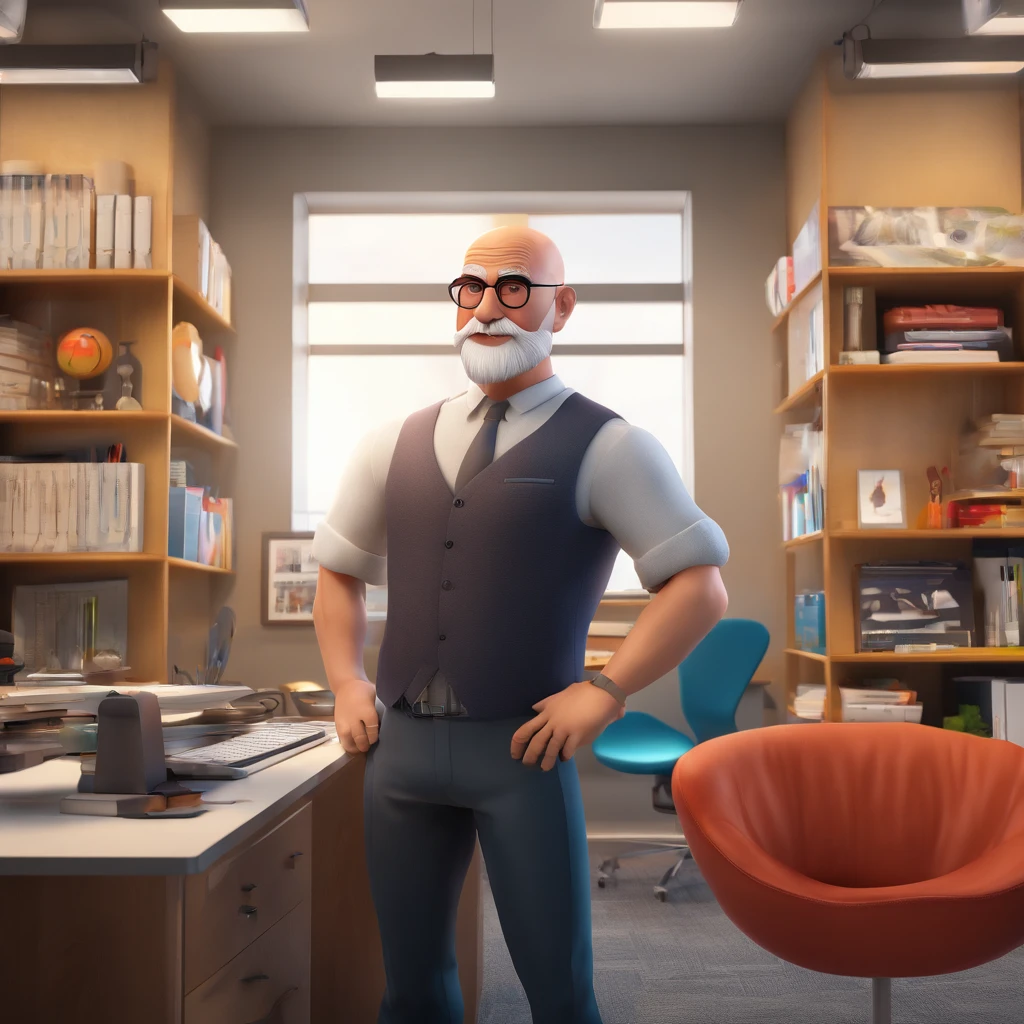 (best quality,4k,highres,masterpiece:1.2), ultra-detailed, (realistic,photorealistic,photo-realistic:1.37), digital art, Pixar-inspired poster, dark-haired man, bald man, white beard, wearing goggles, in an office, vibrant colors, dramatic lighting