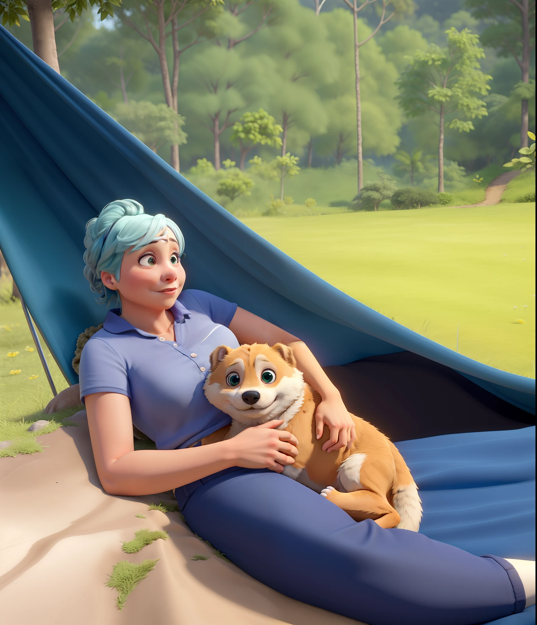 Obra-prima, de melhor qualidade, uma mulher loira deitada em uma rede de cor azul escuro em uma varanda com bastante verde do lado de fora, ela usa camisa cinza, Dark Blue Leggy Pants, e tem um cachorro da cor caramelo no colo