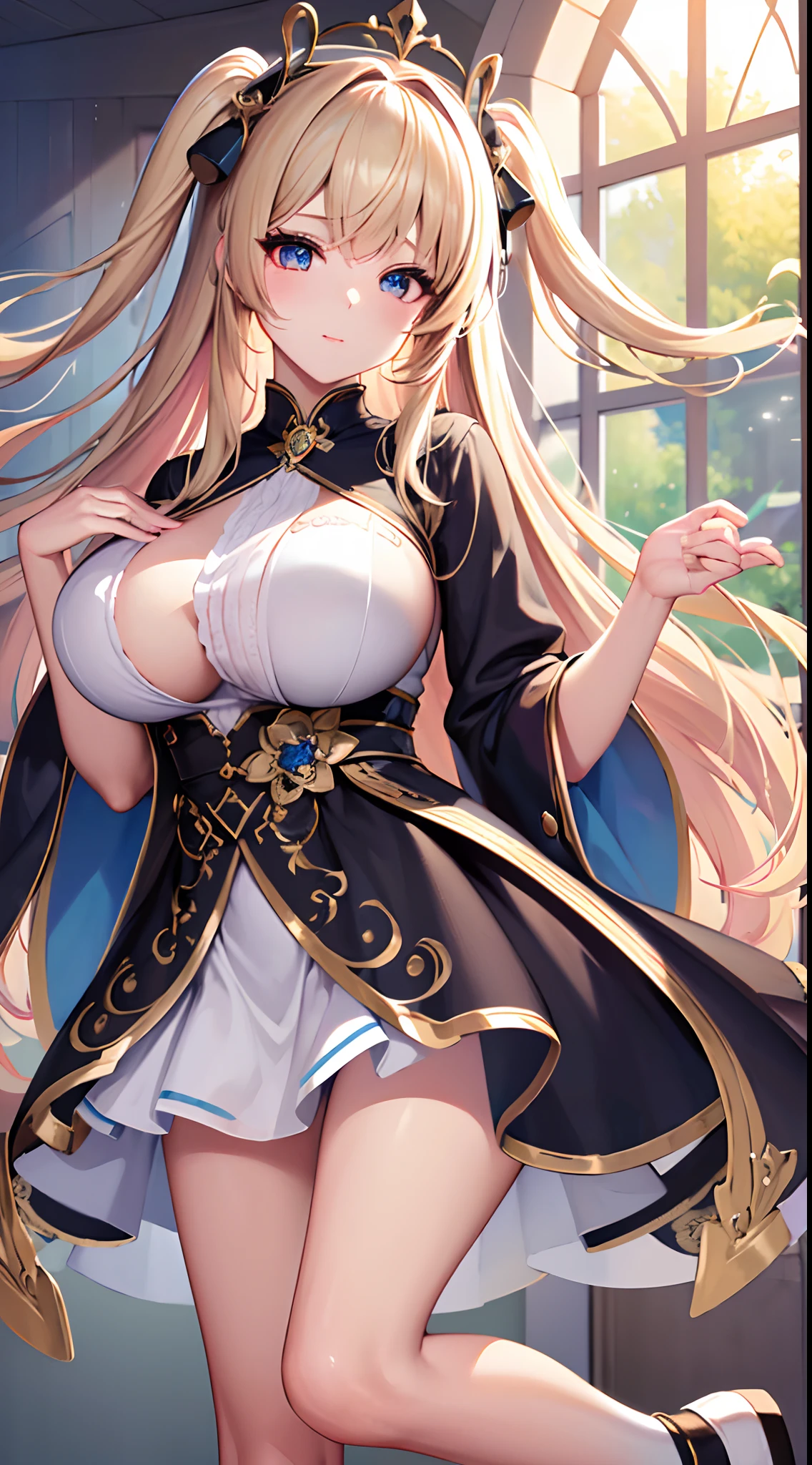 ((Best Quality)), (ultra-detailliert), ((Extremely detailed)), (Beautiful), ((Kawaii Girl)), ((UHD)), (masterpiece), (high quality), (best quality), (4K), (high quality), 1, solo girl, one girl, (hair long two side up), hair intakes, long hair, parted bangs, platinum blond hair, jade colored eyes, tsurime, large breasts, paint right up to the tip of the head,((transparent background)),(solo),standing,(wearing shoes on feet),((is wearing Idol Costumes)),good girl, beautiful detailed eyes,good looking,((an extremely delicate and beautiful)),make the eyes the same shape and color on both sides, anime style