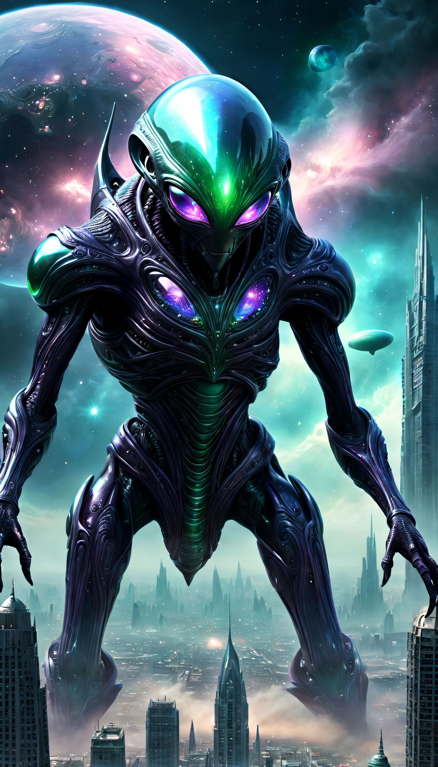 (Best quality), (Masterpiece), (Realistic,Digital art), (ultra - detailed),DonMC3l3st14l3xpl0r3rsXL city,((Huge alien creatures)),Huge volume,Towering alien creatures,Intricate details of the appearance of extraterrestrial creatures,It's huge proportions,Scary alien creature skin texture,Fascinating alien creature eyes,An otherworldly glowing pattern,A strange glowing effect emitted by alien creatures,A surreal landscape of extraterrestrial creatures,The devastation caused by the arrival of extraterrestrial creatures,Crumbling high-rise buildings,Frightened humans run in panic,Ominous atmosphere,Dark clouds swirling in the sky,Bright colors that contrast with the destruction,An encounter on an epic scale,There is a sense of surprise and fear。(best qualtiy,4k,8k,tmasterpiece:1.2),ultra - detailed,realisticlying,Foto realism:1.37,HDR,hyper HD,studio lit,Ultra-fine painting,foco nítido,physically-based renderingt,extreme detail description,professinal,Vivid colors,Defocus,sci-fy,terror,scenecy