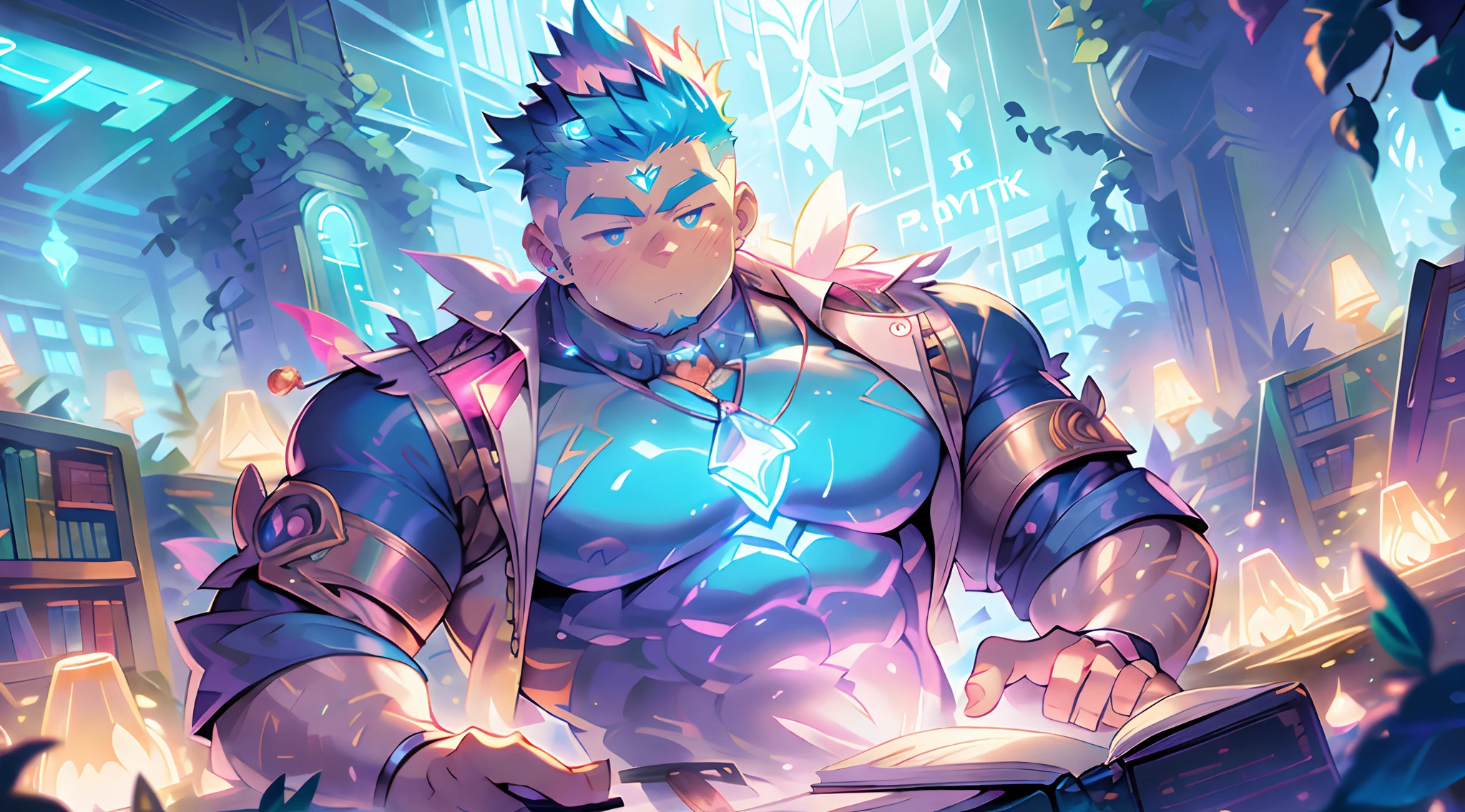 large manly kawaii eyes, skyscraper colorful neon lights effects, ancient library for botanical magic covered ivy forest of glowing crystal, kawaii moe anime 8K, undercut, faux hawk, creamy babyface super buff muscular monk wear sci-fi jacket on shirtless hunky body, ton of books, trending on pixiv, kawaii moe anime