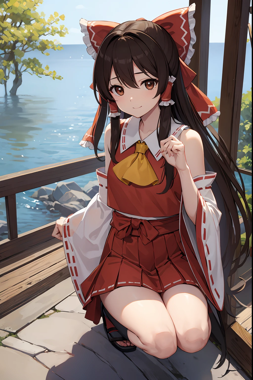 reimuhakurei, reimu hakurei, (brown eyes:1.5), brown hair, bow, hair bow, hair tubes, long hair, red bow, sidelocks,
BREAK ascot, bare shoulders, black footwear, detached sleeves, embellished costume, frills, japanese clothes, nontraditional miko, red skirt, sandals, sarashi, skirt, socks, white sleeves, white socks, wide sleeves, yellow ascot, zouri,smile
BREAK looking at viewer,
BREAK outdoors, shrine,
BREAK (masterpiece:1.2), best quality, high resolution, unity 8k wallpaper, (illustration:0.8), (beautiful detailed eyes:1.6), extremely detailed face, perfect lighting, extremely detailed CG, (perfect hands, perfect anatomy),