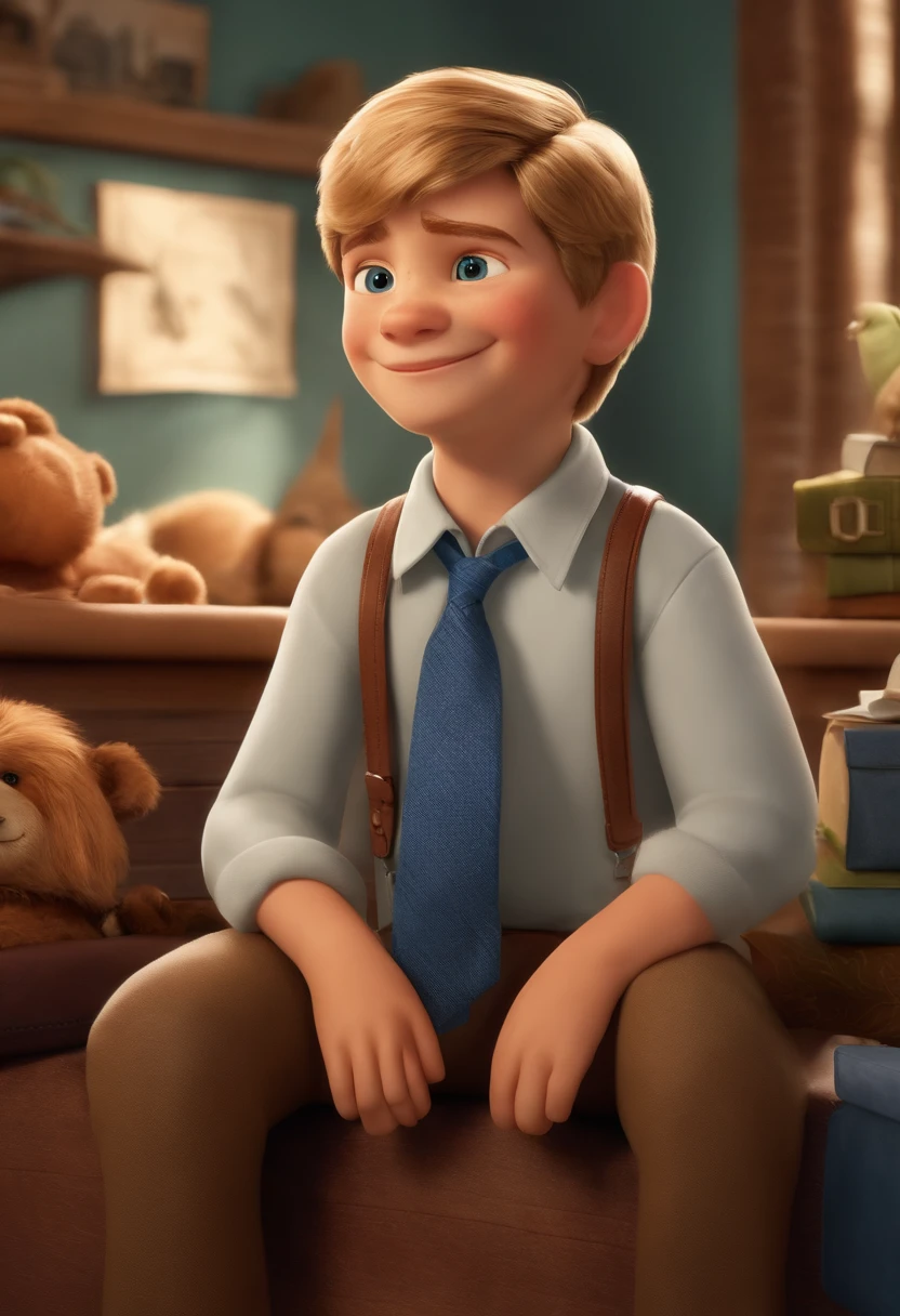 Imagem de um de 10 anos em um poster de filme estilo Pixar. He's the class leader, He's outgoing, Playful and gets up for a lot of things, shirt blonde hair and blue eyes. No fundo uma paisagem do universo de Harry Potter. Na imagem esta olhando para frente e sorrindo. Logo abaixo dele a palavra "Leonardo" em destaque