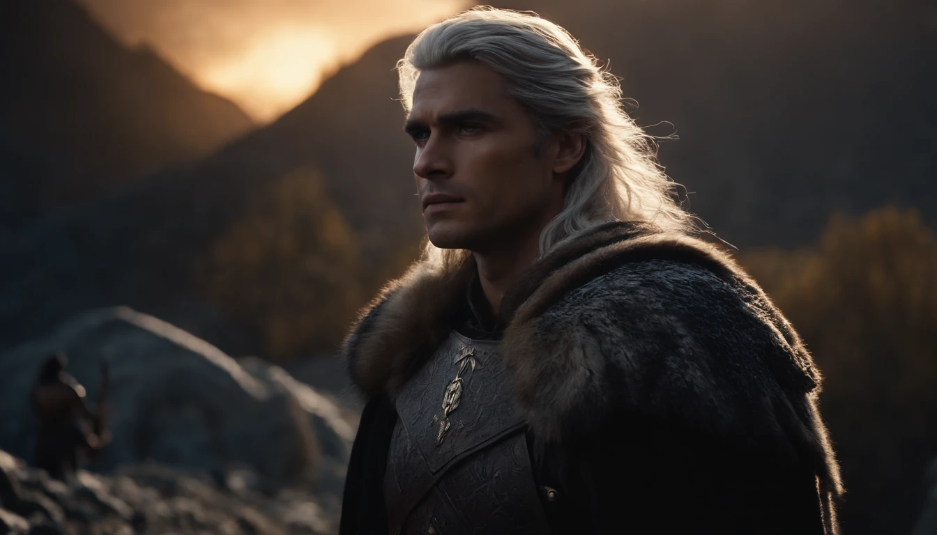 A handsome young male character with medium silver hair looking at the kingdom, ele tem uma espada, He stands next to a young warrior with blond hair, Behind them is also a strong adult warrior with brown hair, Dark setting, ultra-realistic, Estilo de desenho Guweiz, Landscape, 8k, inverno, Dramatic Particles, melhor qualidade,4k,8k,alto,master part:1.2,ultra-detalhado,Realistic:1.37, fiery particles.