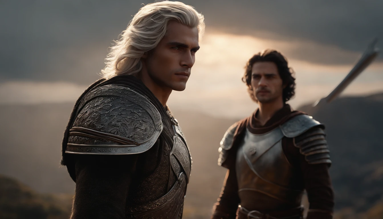 A handsome young male character with medium silver hair looking at the kingdom, ele tem uma espada, He stands next to a young warrior with blond hair, Behind them is also a strong adult warrior with brown hair, Dark setting, ultra-realistic, Estilo de desenho Guweiz, Landscape, 8k, inverno, Dramatic Particles, melhor qualidade,4k,8k,alto,master part:1.2,ultra-detalhado,Realistic:1.37, fiery particles.