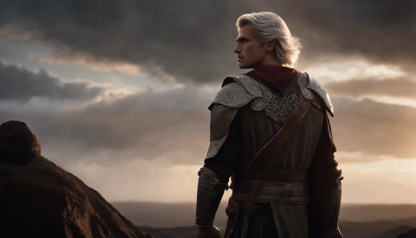 A handsome young male character with medium silver hair looking at the kingdom, ele tem uma espada, He stands next to a young warrior with blond hair, Behind them is also a strong adult warrior with brown hair, Dark setting, ultra-realistic, Estilo de desenho Guweiz, Landscape, 8k, inverno, Dramatic Particles, melhor qualidade,4k,8k,alto,master part:1.2,ultra-detalhado,Realistic:1.37, fiery particles.
