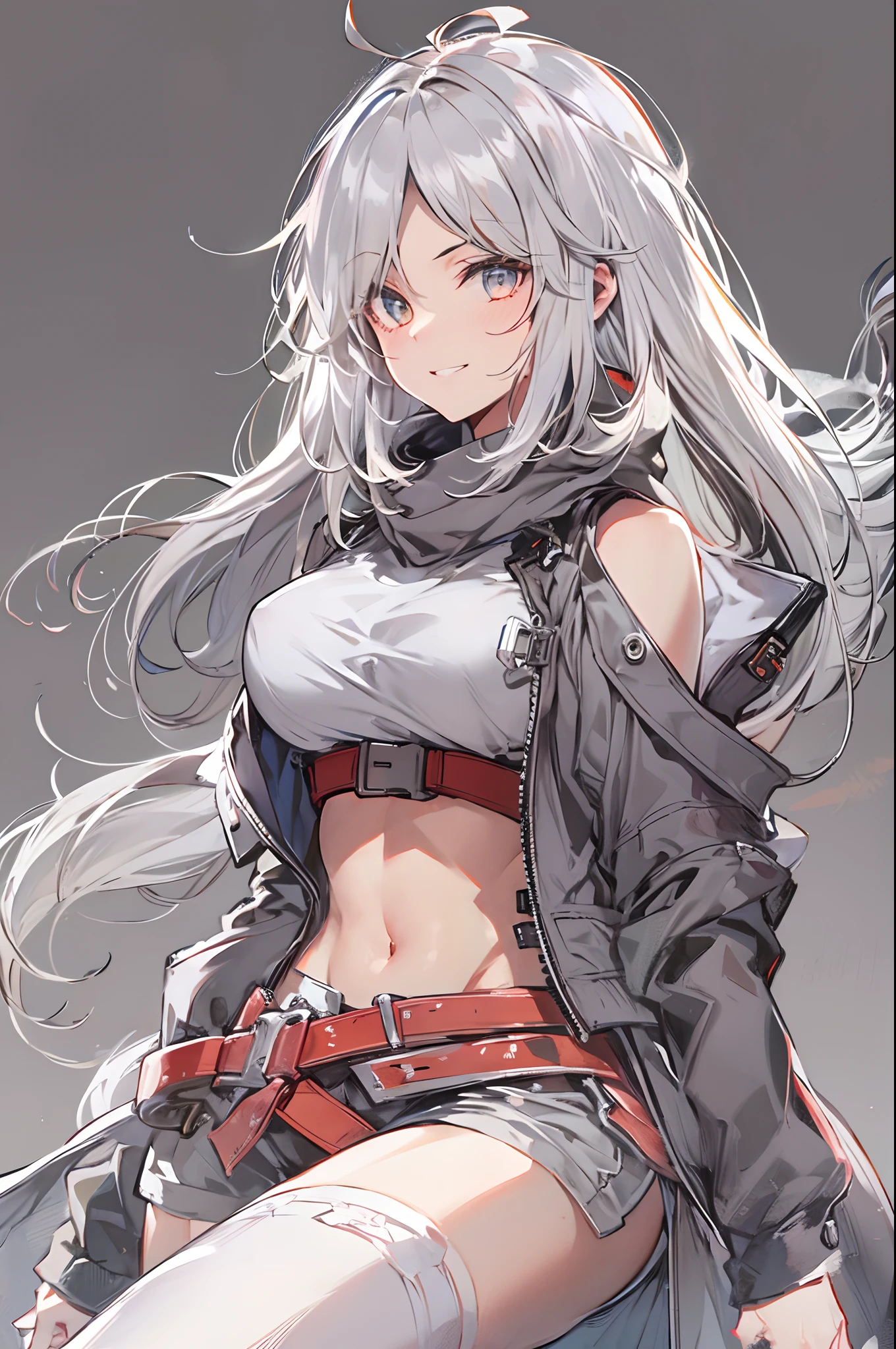 1girl, {solo}, upper body ,{{ {looking at viewer}}}, arm at side, concept art, white background, simple background, white hair, silver gradiient hair , complex cloth, asymmetrical clothes, virtual youtuber, best quality, masterpiece, dynamic angle, guilty gear, guilty gear, guilty gear, cowboy_shot, looking_back, grabbing, girl,woman,female, young,20 years old, very long hair, flipped hair, silver hair, flowing hair, ahoge, smirk, beautiful and delicate golden eyes, teeth, medium_breasts, blonde eyes, white skin, coat, hoodie, black_shorts, grey Clothes, transparent_background, backlighting, absurdres, highres, ultra detailed,