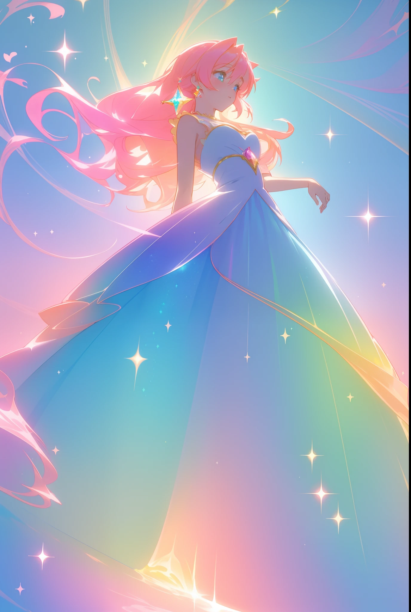 beautiful anime girl in colorful ballgown, layered gradient ballgown, ((sparkling)), vibrant pastel colors, (colorful), magical lights, flowing yellow peach pink hair, glowing aura around her, fantasia background, whimsical, magical, fantasy, beautiful face, ((masterpiece, best quality)), intricate details, highly detailed, sharp focus, 8k resolution, sparkling detailed eyes, liquid watercolor
