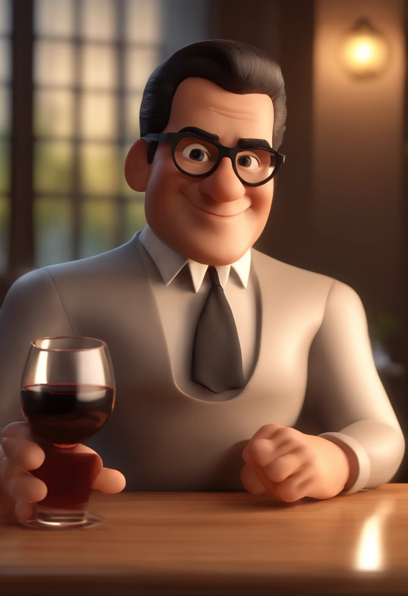 Personagem de desenho animado de um homem de 35 anos, cabelo grisalho raspado, Wearing round glasses and a black shirt, Toasting with a glass of wine, um personagem animado, Caractere estilizado, animation style rendering, 3D estilizado, Arnold Maya render, 3 d render stylized, toon render keyshot, Personagem 3D, Personagem 3D, 3d rendering stylized, 3 d character render, personagem de desenho animado, Personagem de close up, Pose de personagem, (Estilo Pixar) (master part:1.2) (Bokeh) (best quality) (pele detalhada) (textura detalhada) (8k) (argila) (Cinematic lighting) (foco nítido,Senta e vaza a parte superior do corpo