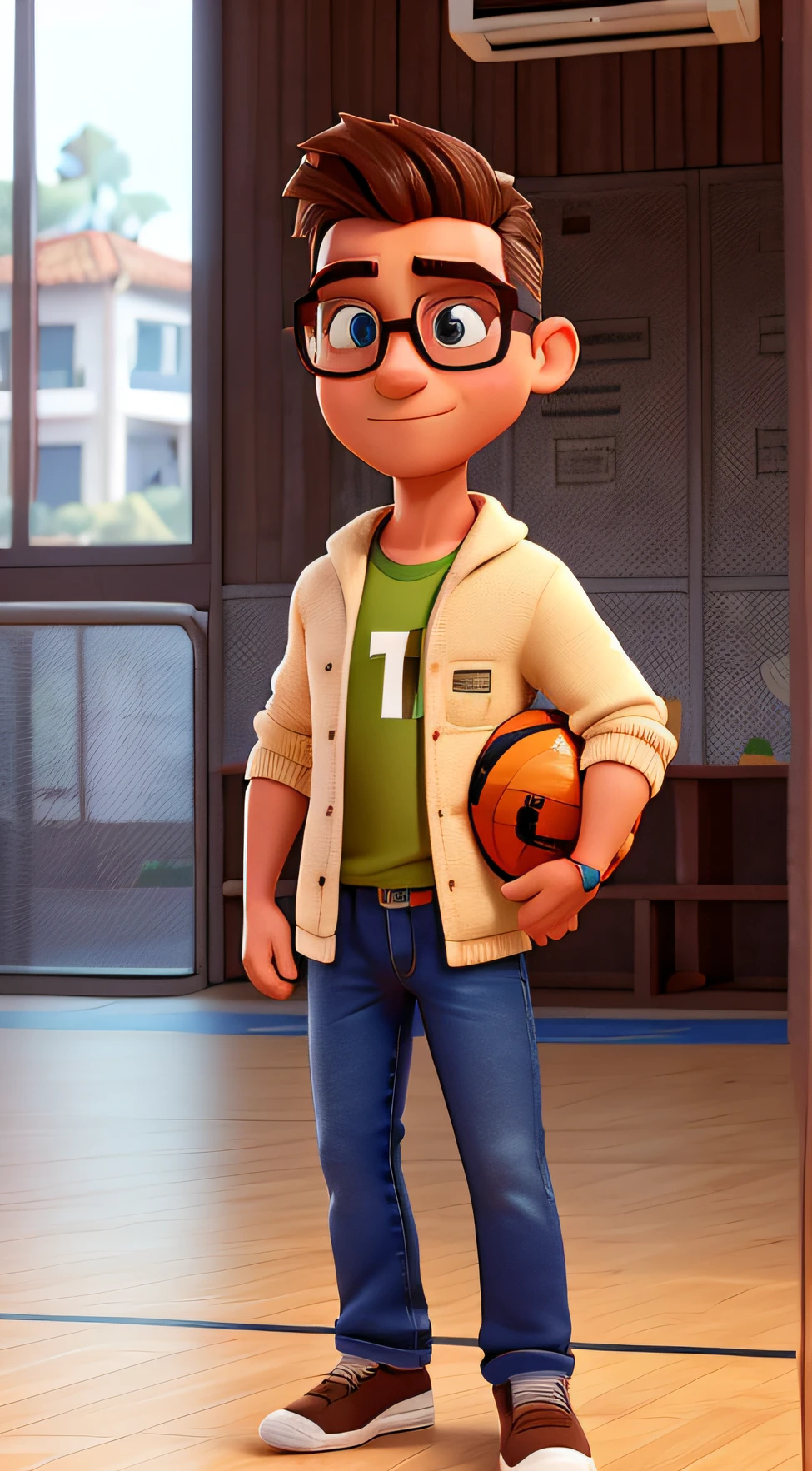 homem alto, With eye Glasses, magro, olhos castanhos, risco ao lado, intelectual, camisola branca, jeans, treinador de futsal, cabelo castanho escuro, You are inside a pavilion during a futsal match with an audience in the stands