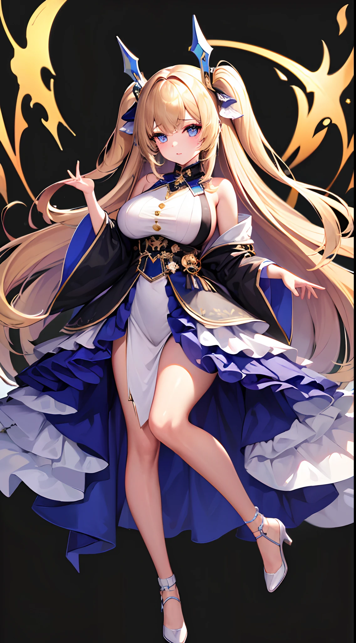 ((Best Quality)), (ultra-detailliert), ((Extremely detailed)), (Beautiful), ((Kawaii Girl)), ((UHD)), (masterpiece), (high quality), (best quality), (4K), (high quality), 1, solo girl, one girl, (hair long two side up), hair intakes, long hair, parted bangs, platinum blond hair, jade colored eyes, tsurime, large breasts, paint right up to the tip of the head,((transparent background)),(solo),standing,(wearing shoes on feet),((is wearing Idol Costumes)),good girl, beautiful detailed eyes,good looking,((an extremely delicate and beautiful)),make the eyes the same shape and color on both sides, anime style