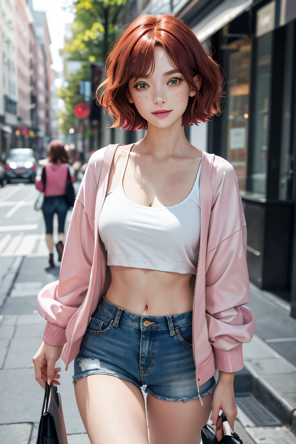 volumetric lighting, best shadows, shallow depth of field, portrait of stunning, petite, delicate girl, attractive face, seductive green eyes, happy smile, closed mouth, lovely medium breasts, (short red hair), freckles, thick eyelashes, pink open pop jacket, white underboob mini t-shirt, open navel, slim waist, denim shorts, walking on the street, (high quality, amazing details: 1.25), bright colorful paintings,