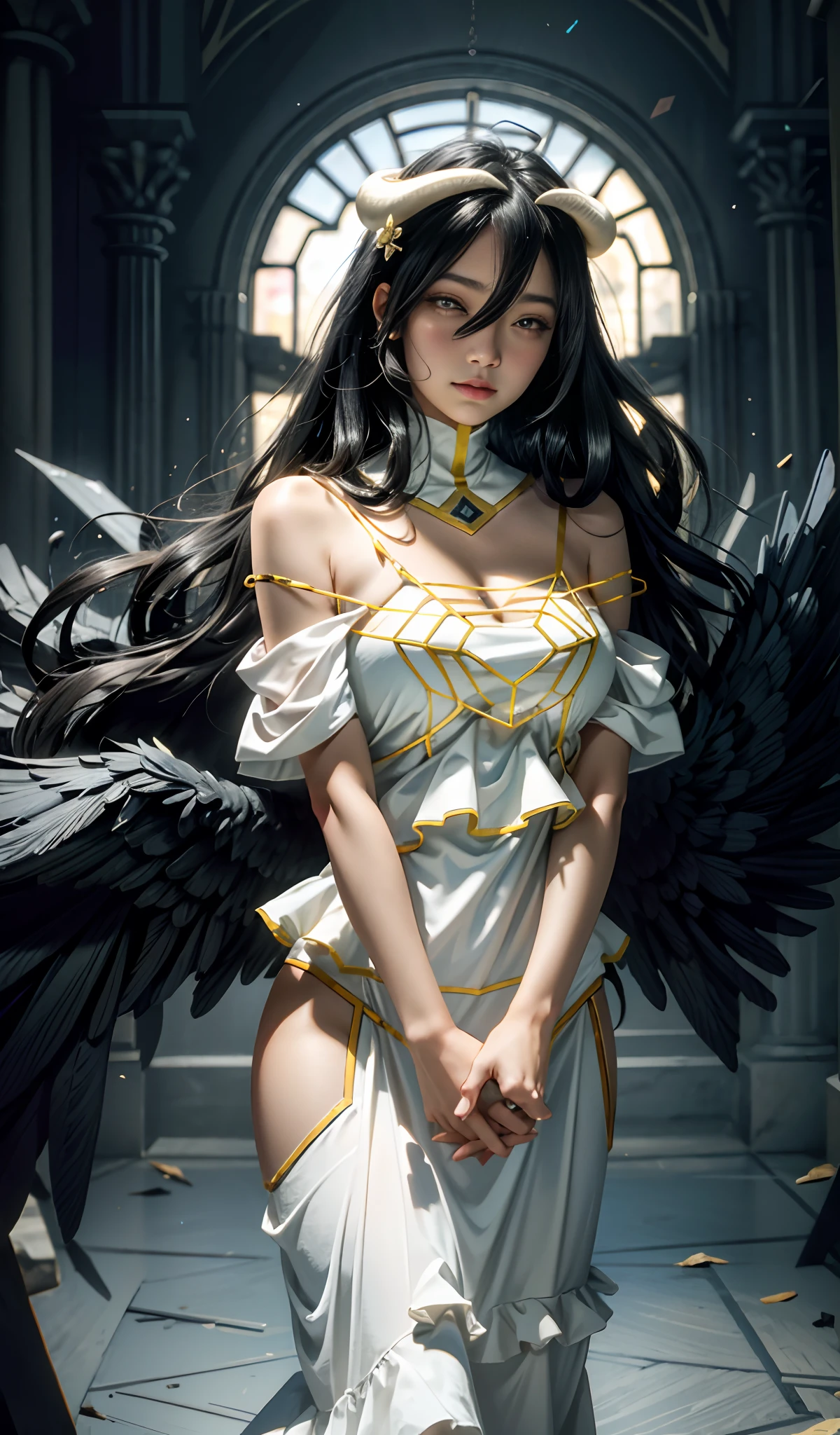 Masterpiece, Best quality, Ultra-detailed, illustration, epic lighting, Cinematic composition, isometry,(hexagons:1.2), 1girll, Horns, Solo, Yellow eyes, Black hair, Long hair, (Low wing:1.2), Large cleavage, Bare shoulders, hair between eye, Medium breasts, (White dress:1.1), Golden decoration, Detached collar, view the viewer, Semi-closed Eyes, (view the viewer:1.1), parted lip, Blush, Black feathers fall, Arena, particle fx, (8K:1.1)