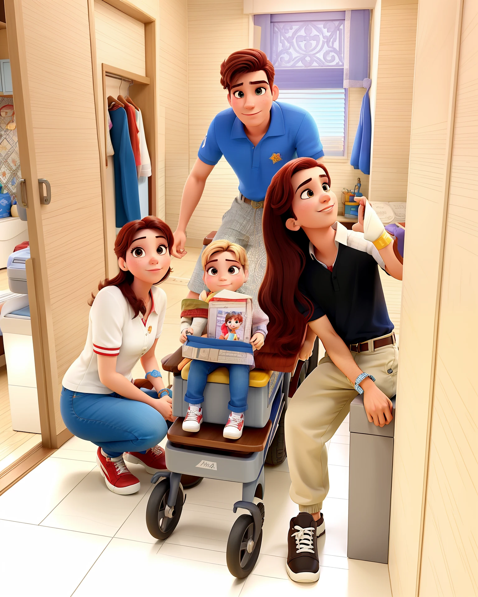 Casal (homem moreno e mulher branca) com uma filha de 17 anos e outra filha de 1 ano no estilo Disney Pixar, alta qualidade, melhor qualidade.