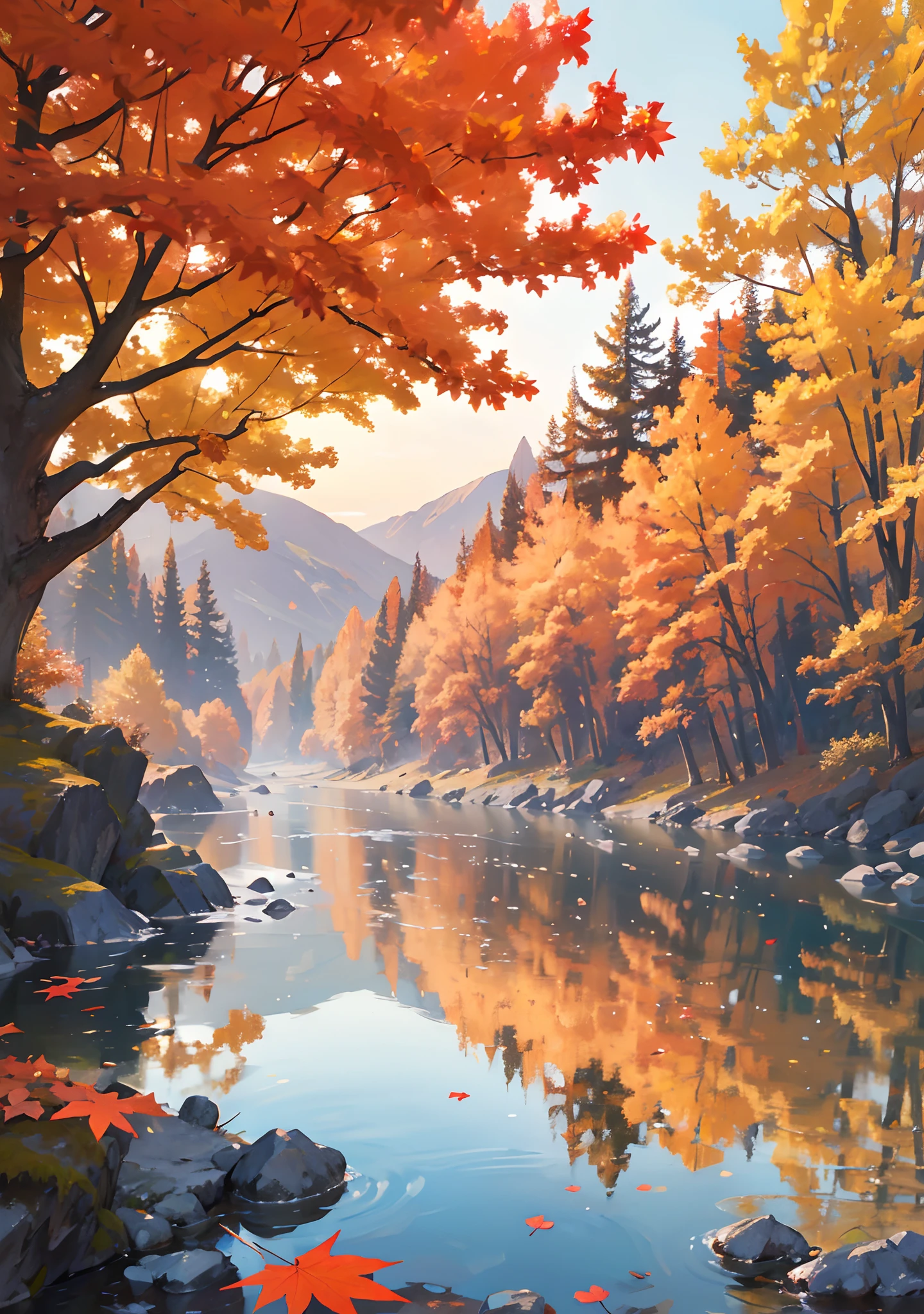 Beautiful maple leaf landscape,fallen maple leaves,Red and orange foliage,Crimson,Maple leaf tree,Bright sunlight,Clear blue sky,Majestic mountain々,Peaceful river,Reflection in water,serene ambiance,fresh air,Refreshing breeze,tranquil surroundings,Vibrant colors,rich textures,Realistic details,hight resolution,HDR Lighting,Bright autumn leaves,strong contrasts,Sharp Focus,Professional Landscape Photography