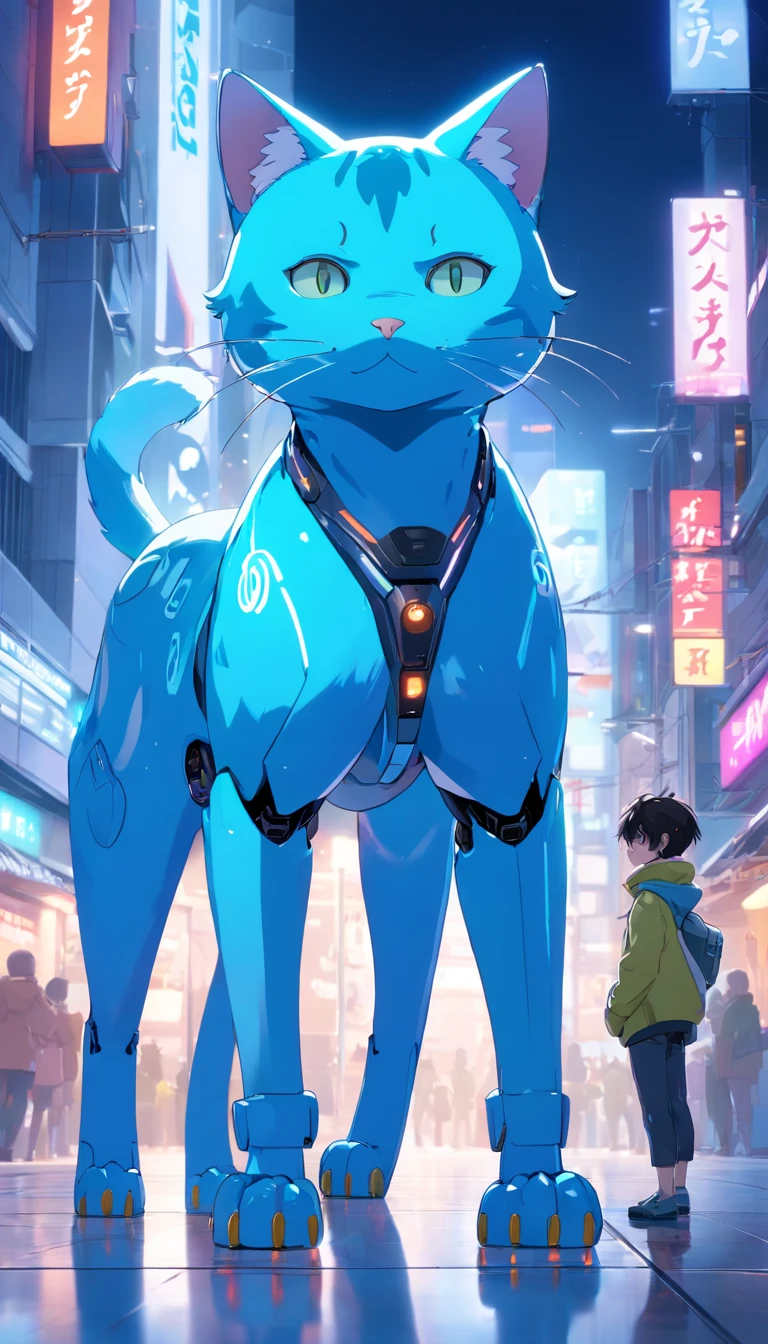 Robot Blue Cat, (Blind box toy style:1.2), (full body shot of) , 1 Transparent Boy,Behind him is a cute transparent robot cat, Mecha transparent, Exquisite helmet:1.2, Glasses:1.2, Cyberpunk, dreamy glow, luminous neon lights, ren, white backgrounid, ( global ilumination, Stripe tracking, hdr, unreal render,reasonable design, high detal, Master parts, Best quality, hyper HD, Cinematic lighting)