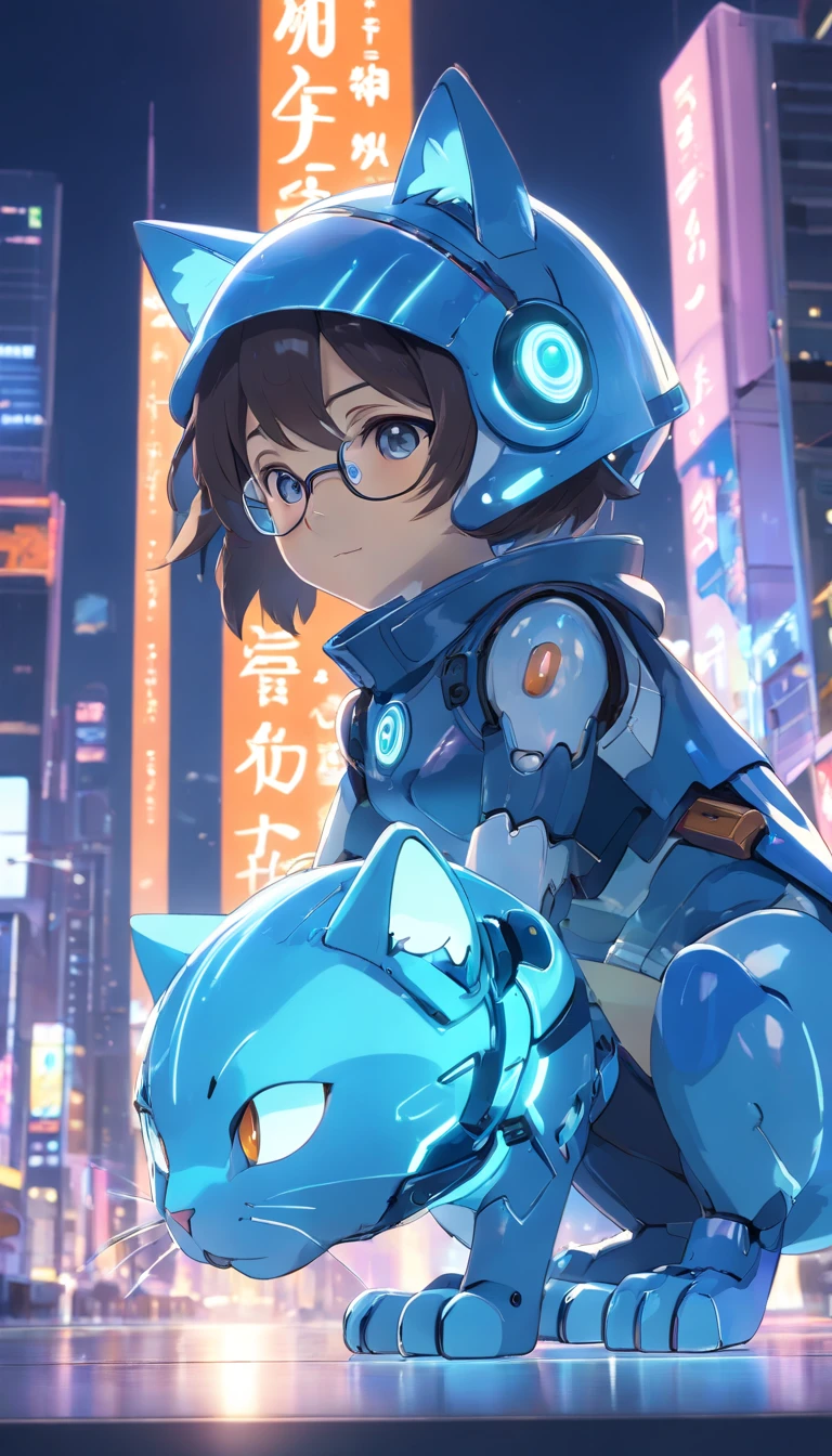 Robot Blue Cat, (Blind box toy style:1.2), (full body shot of) , 1 Transparent Boy,Behind him is a cute transparent robot cat, Mecha transparent, Exquisite helmet:1.2, Glasses:1.2, Cyberpunk, dreamy glow, luminous neon lights, ren, white backgrounid, ( global ilumination, Stripe tracking, hdr, unreal render,reasonable design, high detal, Master parts, Best quality, hyper HD, Cinematic lighting)