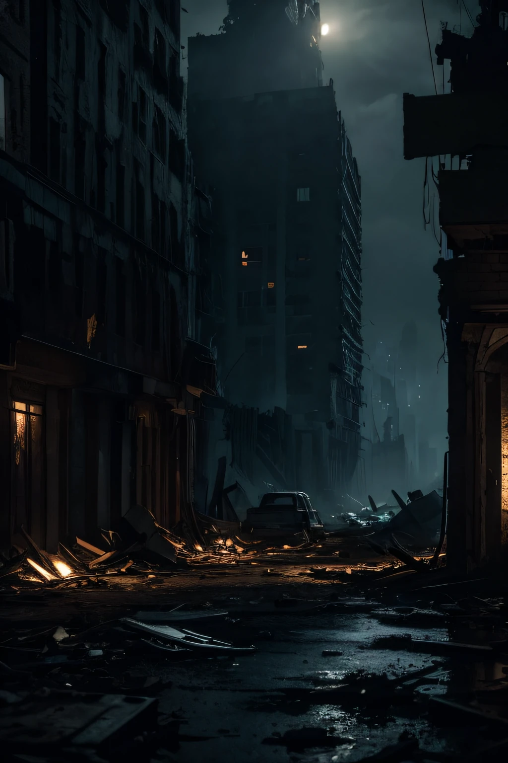 (Best Quality,Realistic:1.2),dark city,Desolate atmosphere,Ruins,wreckage,scrap,Mysterious night,Loneliness,Detailed cityscape,Broken Buildings,Makeshift beds,darker shadows,Abandoned Street,In the darkness,post apocalyptic scenery,Moonlit sky,Twisted Metal,Isolated existence,Darkness and despair,A secluded corner,Dusty air,Flickering lights,Prolonged silence,Haunted City,Emerging from the rubble,Sole survivor,Lost civilization,Remnants of humanity,A ray of hope,Solemn journey,Mysterious past,Revealing secrets,contrasted colors,Unforgiving reality,Unconventional beauty,Immeasurable depth,Invisible Danger,unyielding determination,Hidden Shadows,An uncertain future,Echoes of Whispers,Eerie Tranquility