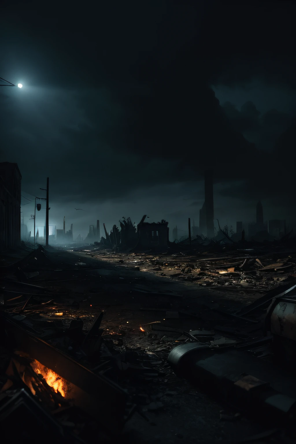 (Best Quality,Realistic:1.2),dark city,Desolate atmosphere,Ruins,wreckage,scrap,Mysterious night,Loneliness,Detailed cityscape,Broken Buildings,Makeshift beds,darker shadows,Abandoned Street,In the darkness,post apocalyptic scenery,Moonlit sky,Twisted Metal,Isolated existence,Darkness and despair,A secluded corner,Dusty air,Flickering lights,Prolonged silence,Haunted City,Emerging from the rubble,Sole survivor,Lost civilization,Remnants of humanity,A ray of hope,Solemn journey,Mysterious past,Revealing secrets,contrasted colors,Unforgiving reality,Unconventional beauty,Immeasurable depth,Invisible Danger,unyielding determination,Hidden Shadows,An uncertain future,Echoes of Whispers,Eerie Tranquility