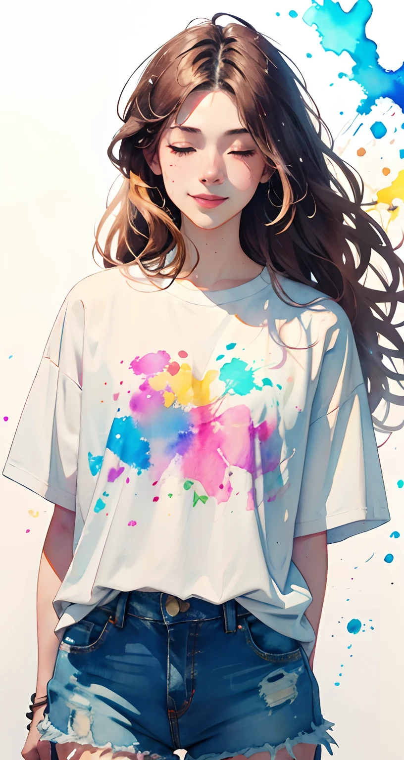 Plumeria painting with splatter background and spray paint effect, by Adam Hughes, White T-Shirt and Jeans Shorts, Upper body center, multi color hair, Closed eyes, Big happy smile, Watercolor art, Watercolor painting, watercolor painting style, watercolor detailed art, watercolor digital painting, Watercolor Paint, Superbly detailed watercolor, Watercolor art，A Japanese Lady，18year old, Long hair,