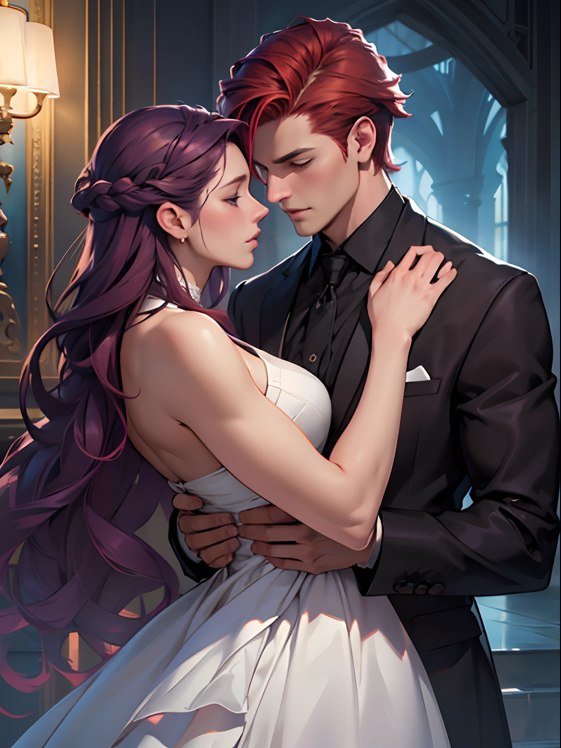 (Best Quality,4k,8K,hight resolution,Masterpiece:1.2),Ultra-detailed,(Realistic,Photorealistic,photo-realistic:1.37), [Slow Dance], Stunning location with elegant lighting, [Gentle movements], [Romantic atmosphere], [Evening Scene], [Soft music], [A gentle touch], [Subtle emotions], [Mesmerizing Chemistry], [Mesmerizing expressions], [Tender Glances], [Impeccable shape], [exquisite details], [Beautiful flowing dress], [Elegant tuxedo], [Perfectly tailored suit], [subdued tones], [Incandescent lamp lighting], [Shimmering glare], [Gentle shadows], [Fairytale atmosphere], [Magical atmosphere], [A breathtaking moment], [timeless beauty], (Romantic:1.1), (elegant:1.1), (graceful:1.1), (captivating:1.1), (Tough guy:1.1), (tender:1.1), (Exquisite:1.1), (Gorgeous:1.1). Guy with short red hair. (Guy with short red hair)) ((GIRL AMAZINGLY LONG PURPLE HAIR)). ((Two Lovers)) ((higly detailed)) ((Two Lovers)) ((GRACEFUL GIRL SHKA)) ((Guy in love)) (( Flowing dress for a girl)) ((Elegant girl)) ((Sturdy young guy))  ((higly detailed)) ((Young couple)) ((GUY WITH SHORT RED HAIR)) ((Girl with loose hair)) ((Girl with purple hair)) ((Hair develops)) Guy with red hair. Vermilion hair. Young guy. hug. Girl with long hair. spoony. Couple in love. Love. the kiss. Lovers' Kiss