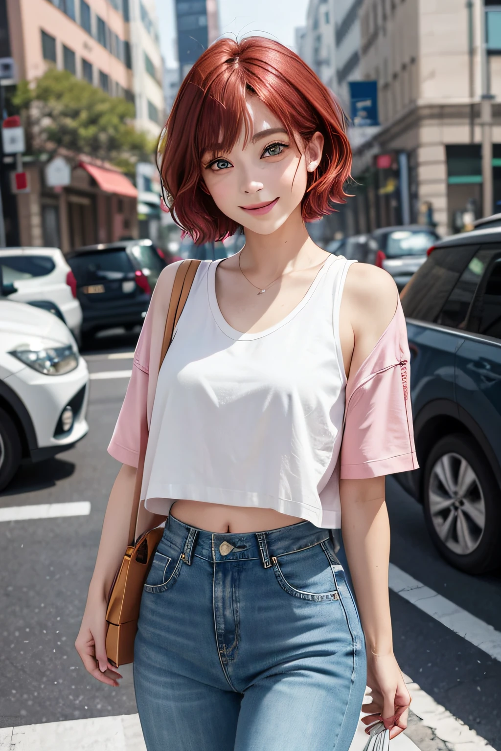volume illumination、Best Shadows、Shallow depth of field、A stunning、Petite、Portrait of a delicate girl、alluring face、Seductive green eyes、Happy smiling face、Mouth closed、Nice medium-breasted、(short red hair)、hitornfreckles、Thick lashes、Pink Open Pop Jacket、White mini t-shirt、open navel、slim waist、denim short pants、walking on street、(hightquality、amazing detailed:1.25)、Bright colorful paintings、Upper eyes
